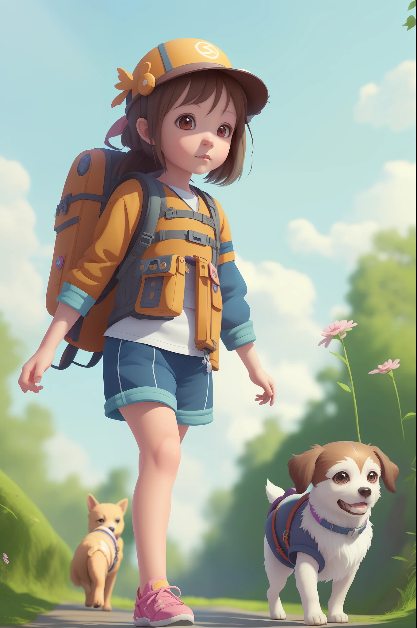There was a little girl walking down the path with her dog, childrens art in artstation, lovely digital painting, adventure hyper realistic render, Guviz-style artwork, Cute detailed digital art, Realistic anime 3 D style, photorealistic anime girl rendering, Female explorer mini cute girl, made with anime painter studio, By Leng Mei, 3 d anime realistic