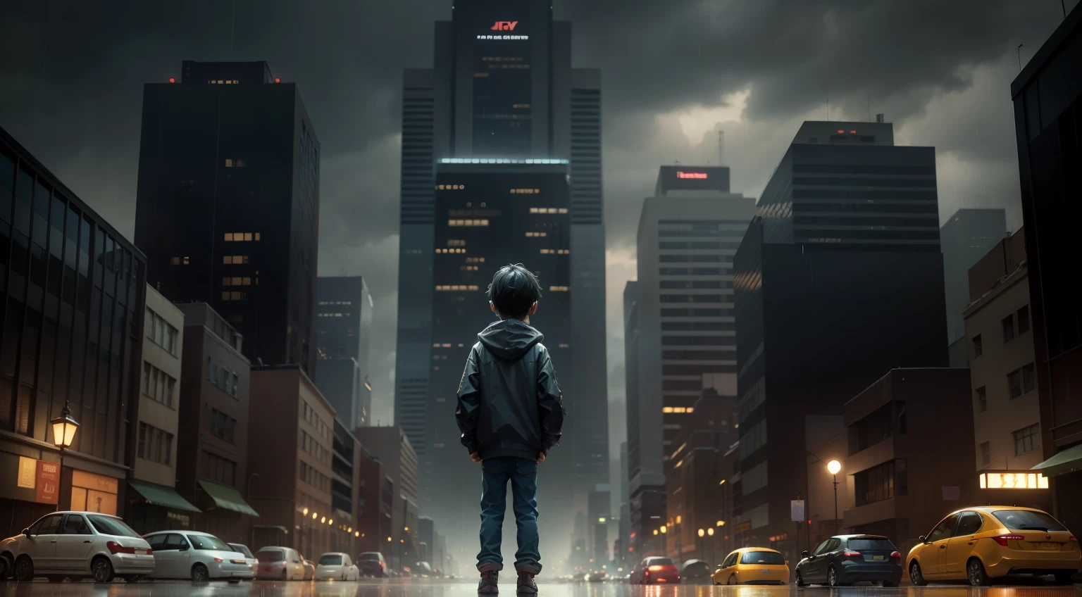 pixar-style,Rainy days,A little boy standing in a busy street,Look at the tall buildings in front of you,I don't know where to go