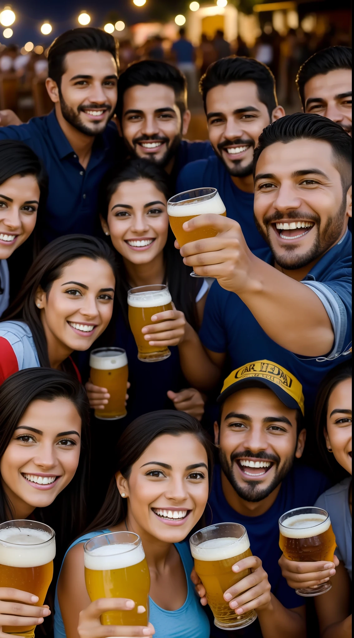 Selfie de 12 personas en 3 filas muy sonrientes a carcajadas brindando con jarras de cerveza, que se vean muy bien las cervezas, (jarras de cerveza entre las caras de las personas)