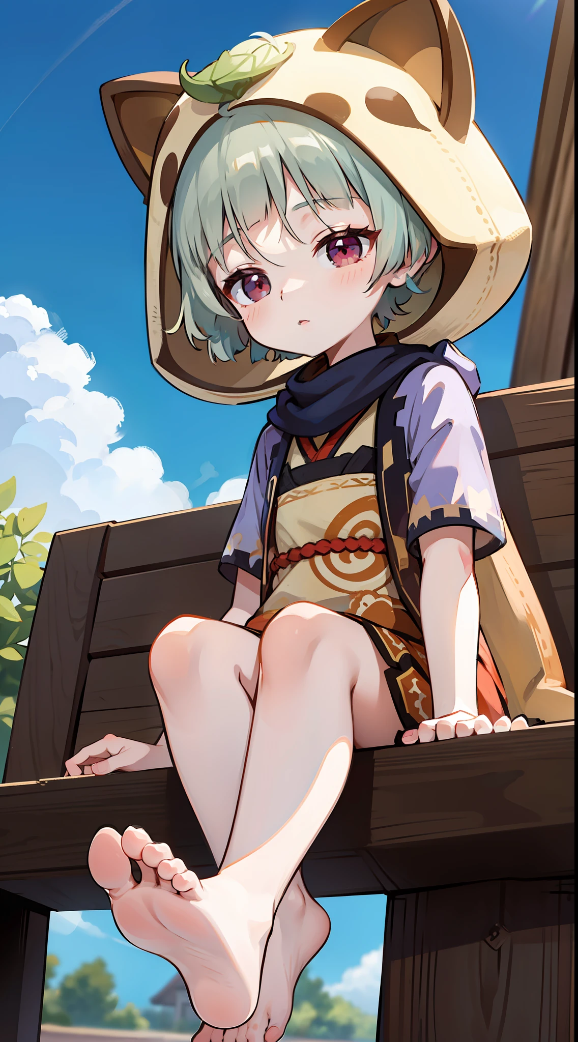 Be red in the face， exteriors， In the daytime， simple backgound， blue-sky， Rippled hair， Skysky， Look at the audience loli， The expression is cute，Small short legs，head portrait，The barefoot,Foot soles,toes