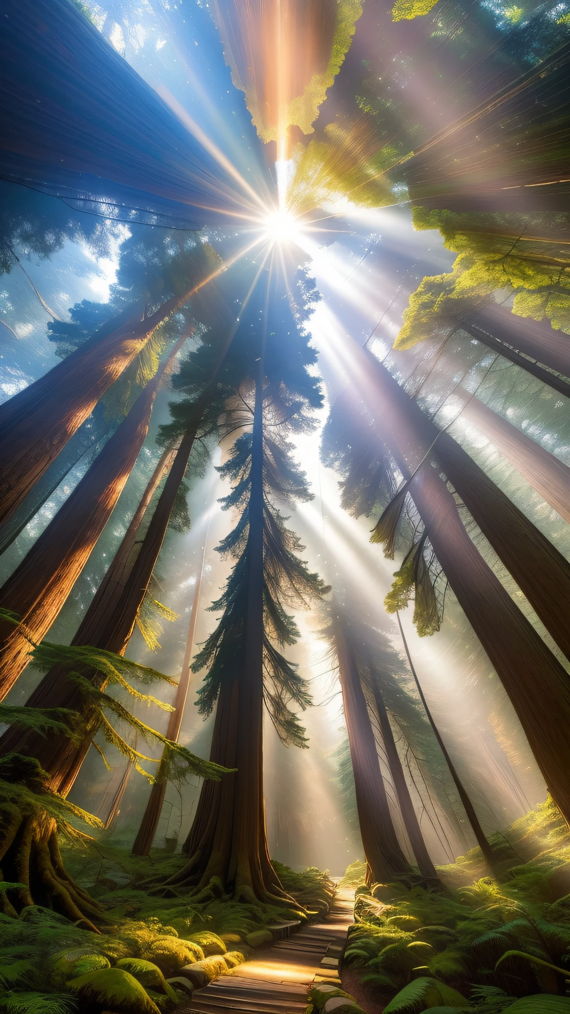 The sun shines through the trees in the forest,There are trails, forest ray light, really beautiful forest, Beautiful forest, beautiful ancient forest, incredible light, ethereal beams, beautiful light, rays of life, a magical forest, beautiful forests and trees, bright forest, Sequoia Forest, looking majestic in forest, In the redwood forest, holy light rays, Really beautiful nature