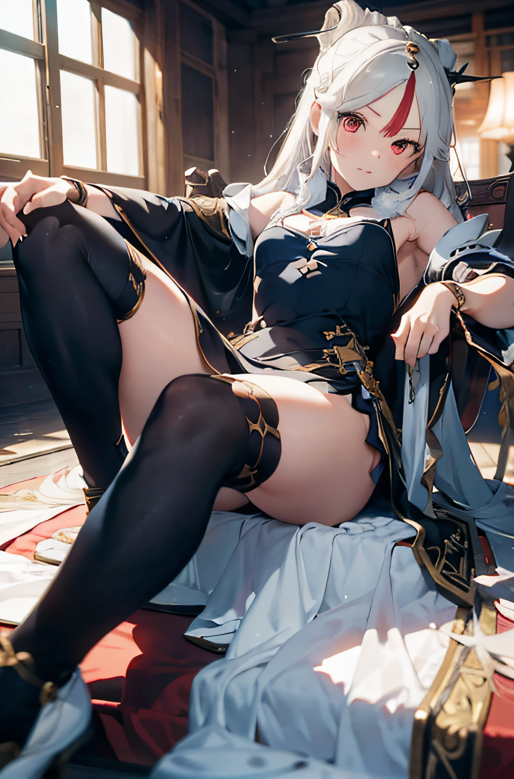 1girl, (solo:1.2), ((masterpiece)), [slim], (small breasts), pale skin, ((detailed eyes)), (bokeh effect), ningguangdef, cap, sitting on a (throne), white hair, white dress, (chinese palace)