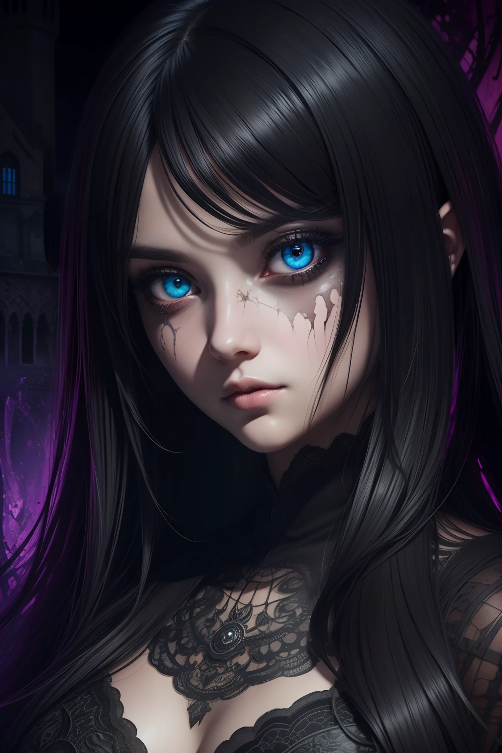 Highly Detailed Ink Splatter Grunge, a big eyed witchy cute girl, in a dark castle, Manga style, pretty face, cracked course, saturated colorful, textured paint, abstract background, intricate background, Fantastic realism complex background, dynamic lighting, lights, digital painting, 3D effect, intricate pose