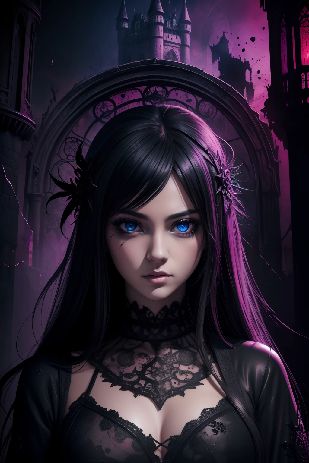 Highly Detailed Ink Splatter Grunge, a big eyed witchy cute girl, in a dark castle, Manga style, pretty face, cracked course, saturated colorful, textured paint, abstract background, intricate background, Fantastic realism complex background, dynamic lighting, lights, digital painting, 3D effect, intricate pose