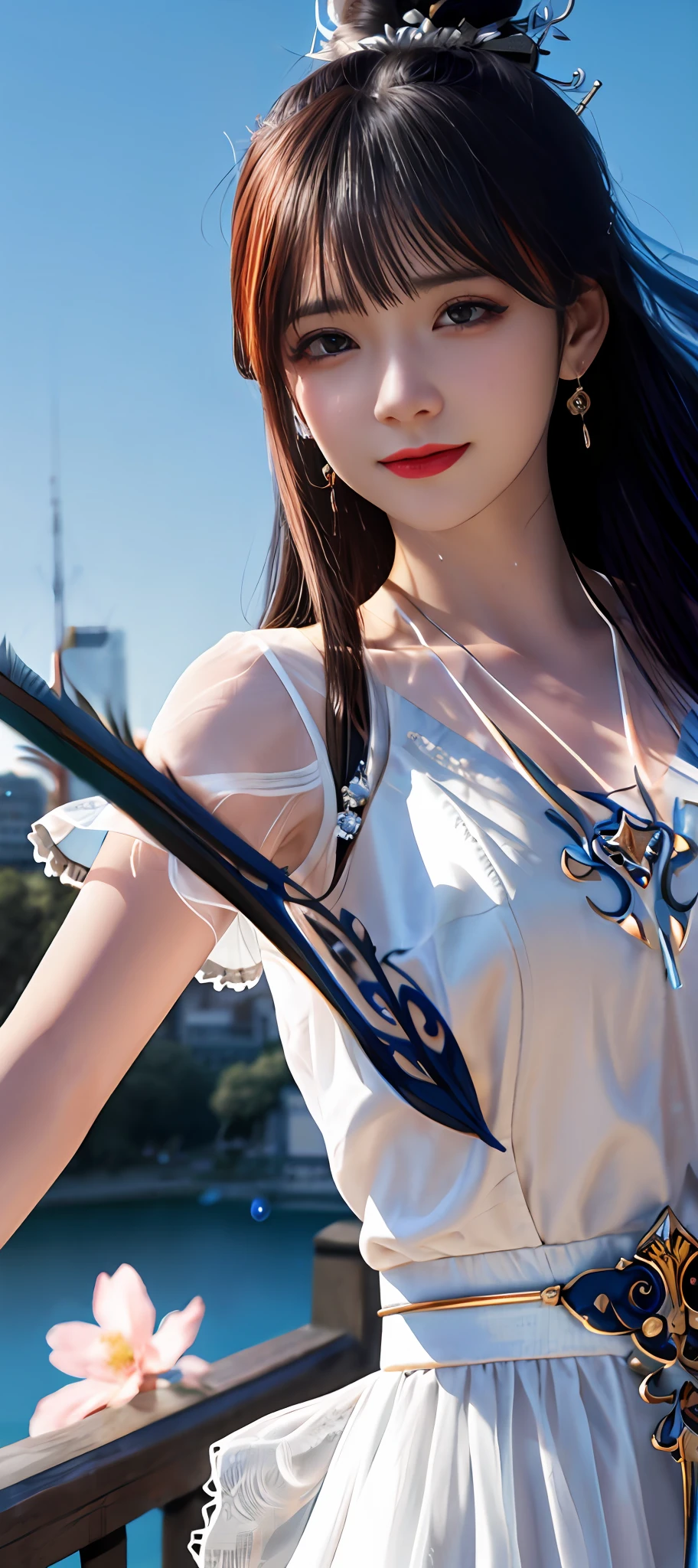 realisticity: 1.2), best quality, masterpiece, highres, cg, 1girl, weapon, sword, long hair, dress, water, solo, jewelry, white dress, earrings, hair ornament, splashing, upper body super realistis, hair bun, blue and orange hair, city backgraun realistis, lighting,candid, Photograph, high resolution, 4k, 8k, Bokeh,