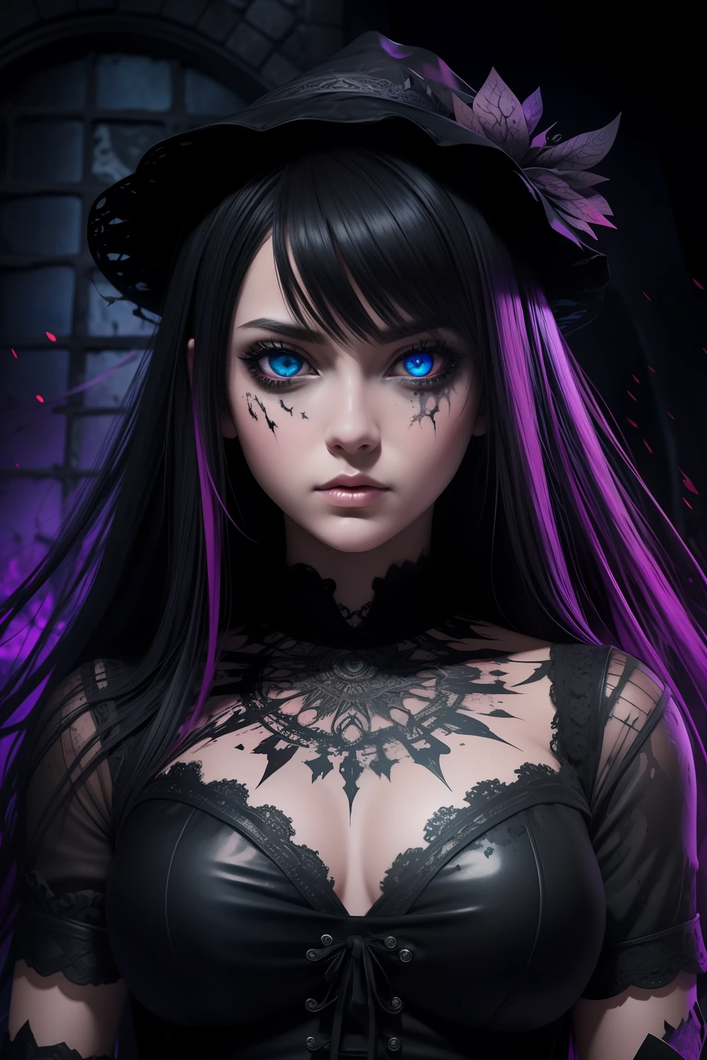 Highly Detailed Ink Splatter Grunge, a big eyed witchy cute girl, in a dark castle, Manga style, pretty face, cracked course, saturated colorful, textured paint, abstract background, intricate background, Fantastic realism complex background, dynamic lighting, lights, digital painting, 3D effect, intricate pose