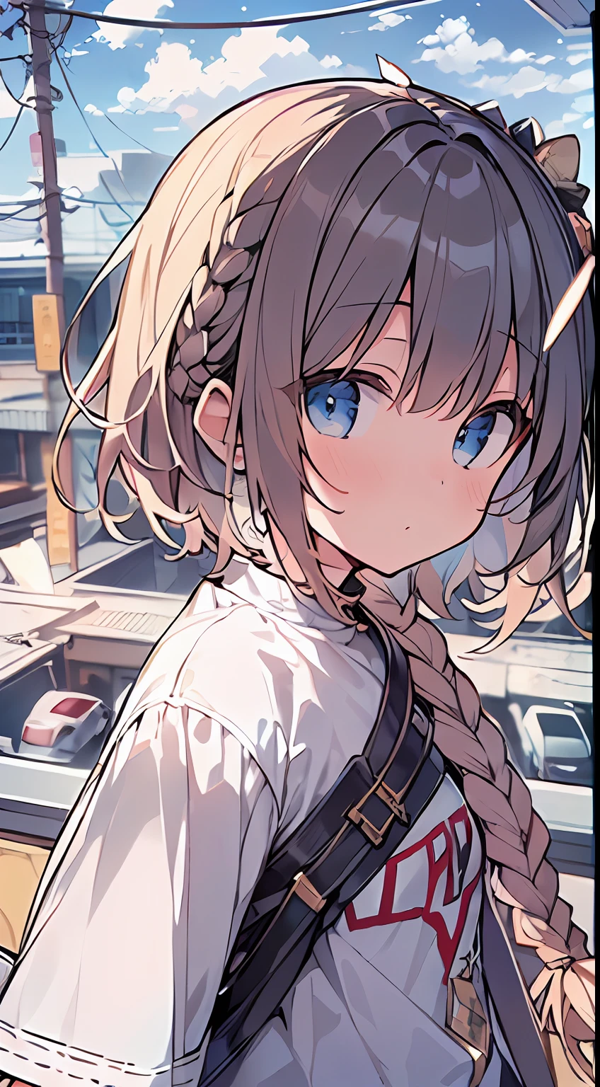 masutepiece, Best Quality,Illustration, Wallpaper, Ultra Detail, absurderes, 1loli, Solo, (Medium short hair、short braided hair), Beautiful detailed eyes , (Street), Beautiful sky,(a panoramic view:1.3),(Sense of depth:1.5),(longshot:1.5)