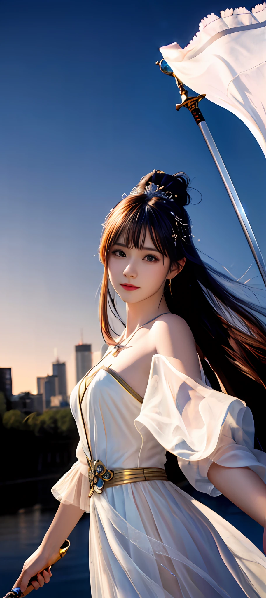 realisticity: 1.2), best quality, masterpiece, highres, cg, 1girl, weapon, sword, long hair, dress, water, solo, jewelry, white dress, earrings, hair ornament, splashing, upper body super realistis, hair bun, blue and orange hair, city backgraun realistis, lighting,candid, Photograph, high resolution, 4k, 8k, Bokeh,