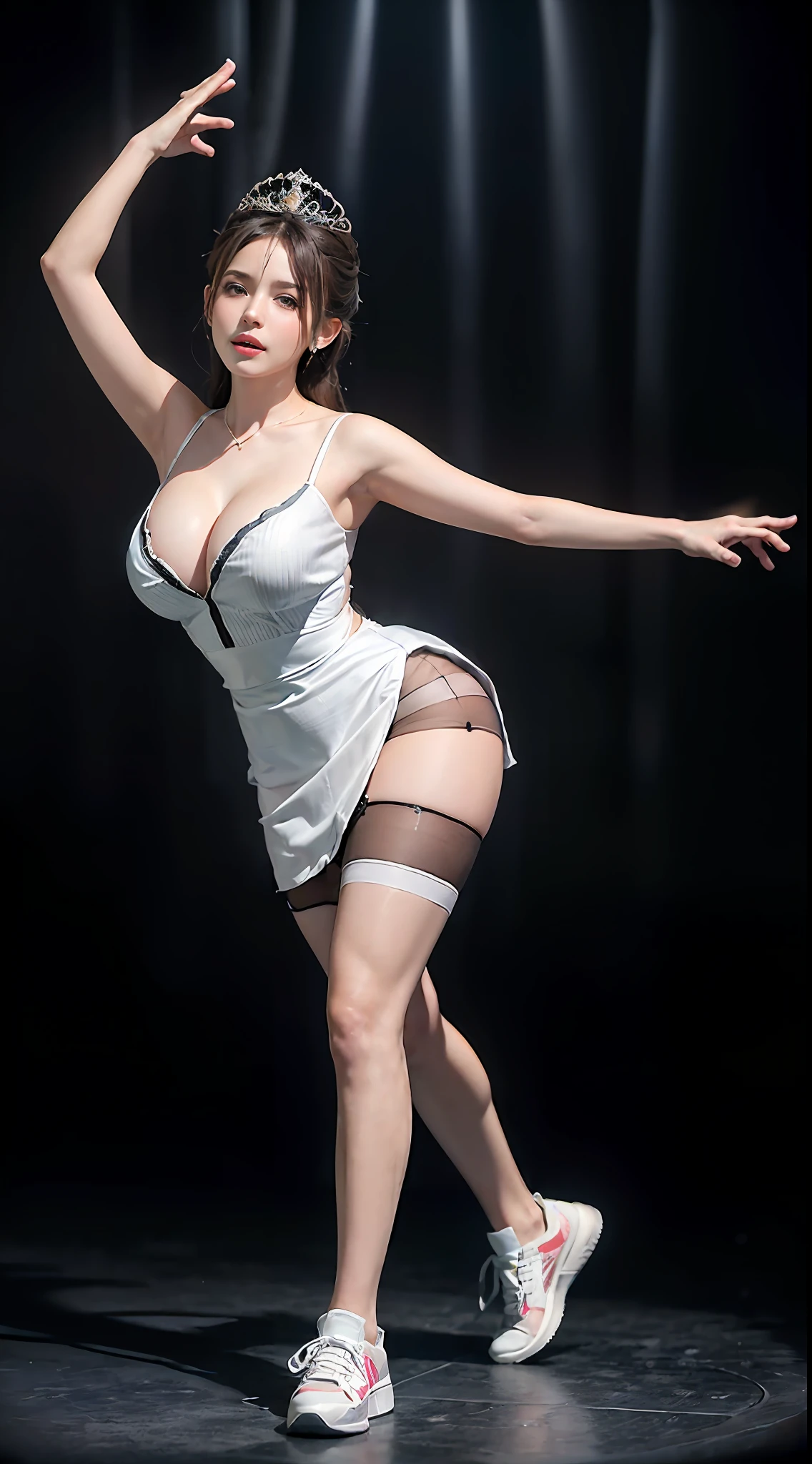 Surrealist women by David Hockney and Alphonse Mucha，Fantasyart，photographrealistic，动态照明，art  stations，poster for，huge tit！torches，torchan，Stage，perform，theater，Volumetriclighting，Tall beauty，body high，Very detailed faces，4 k''，1girll，Stage，low tune，facial closeups,(Gray and white striped ballet costume，short transparent dress，Superskirt，Bunny Girl tiara，White sneakers，cleavage:1.4), updo hair，lots of people，Redlip，ssmile，low chest，deep v big breasts，huge tit，Raised sexy，Bigchest，Large breasts，Breast swelling，Raised chest，blackstockings，Breasts are plump，crisp breasts，A plump chest，the breasts are large，Seductive expressions，Wear earrings，The skirt floated，Hair flowing up，Fairy under fan，wearing a choker，Wear a bracelet，The stands up，standing on your feet，long leges，blackstockings，Wet all over，Moisturizes the whole body，huge tit，Red lips，Curvy beauty，Female beauty，stocklings，gigantic cleavage breasts，black lence stockings，slenderlegs，Hot dance，ballet dance，Ballerina，full bodyesbian，beautifullegs，Dance，gracefulness，soft，softness，samba，samba，Noble，Rich，largeeyes，eye shadows，Long legs，beautifullegs，Thin leg，split，splitting legs，Dance，Dancer，split，Aerial capture，Jump up，Suspended in the air，Dancing in the air，The legs are long，Skirt bottom，Curvy beauty，Kicking