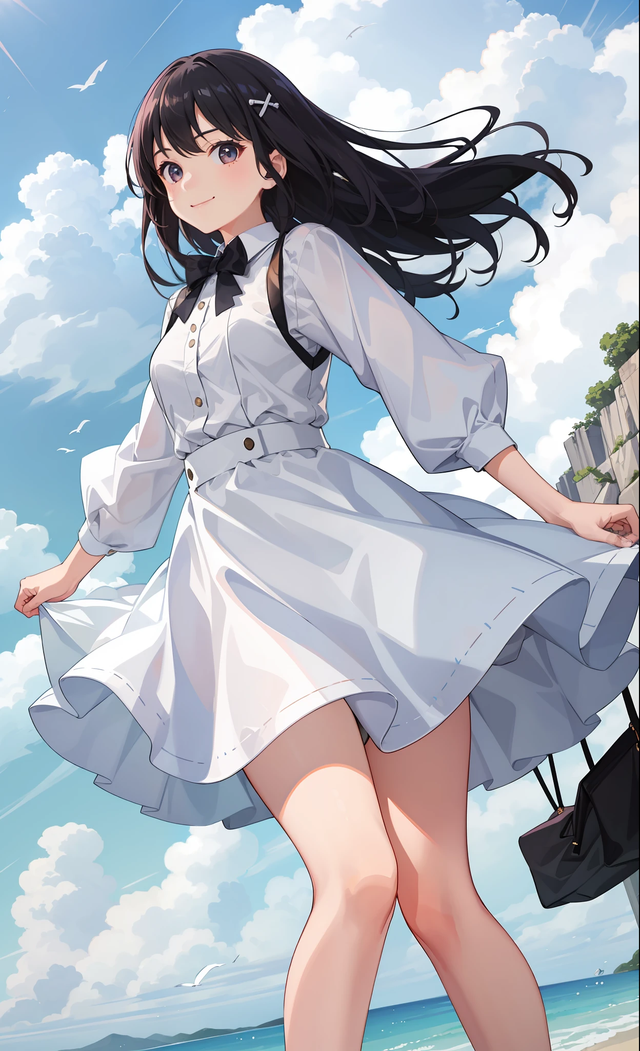 1girl in、A smile、The shirt、skirt by the、White fluffy dress、（small tits）、Chilarism、movement、the wind、pantiy、