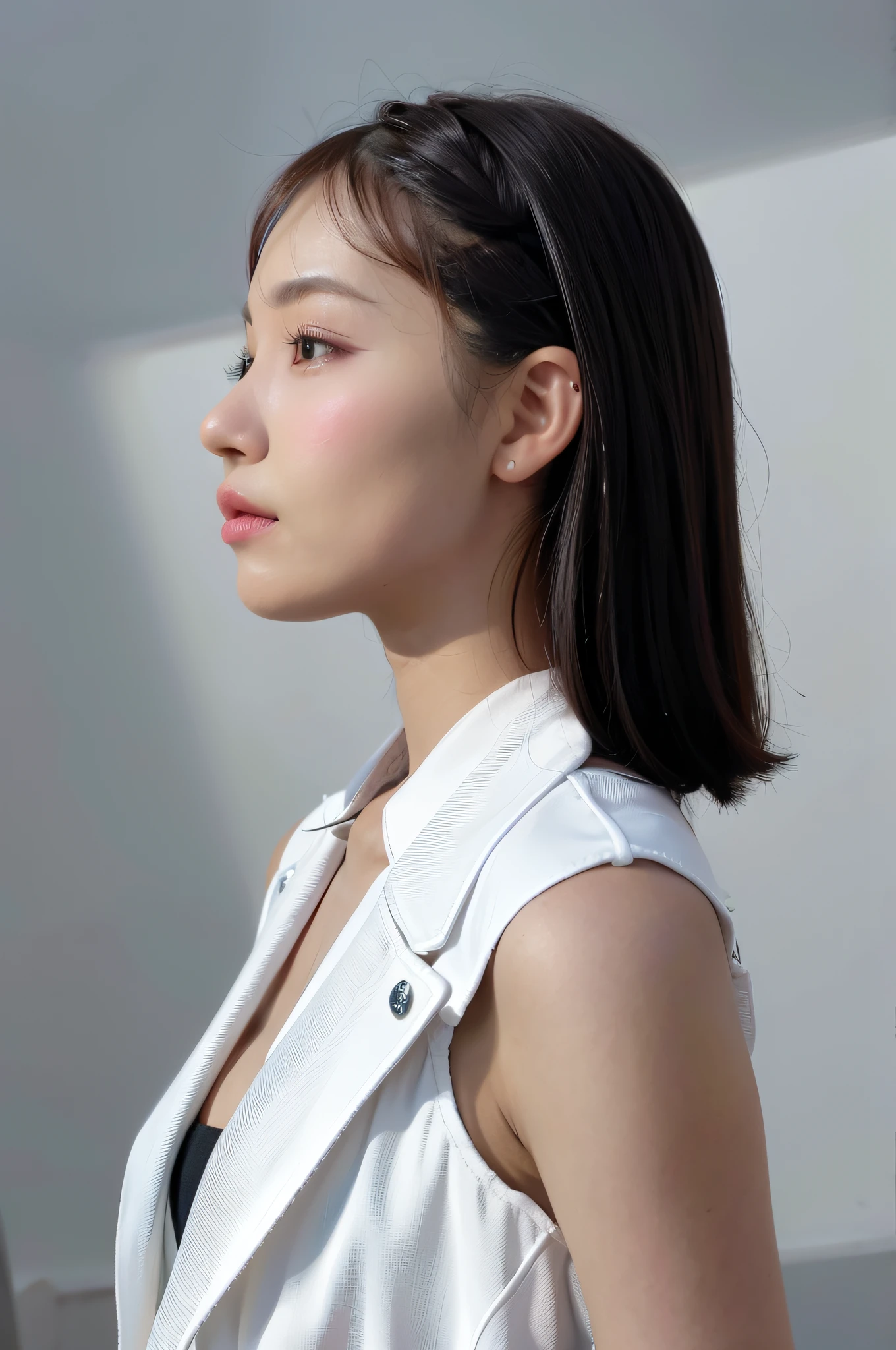 Arad woman with long black hair,Wear a white top and black tie, portrait of female korean idol, A young Asian woman, shot on a Canon EOS R5, shot on canon eos r 5, Realistic. Cheng Yi, portrait of jossi of blackpink, inspired by Yanjun Cheng, soft light from the side, korean artist, side portrait of a girl
