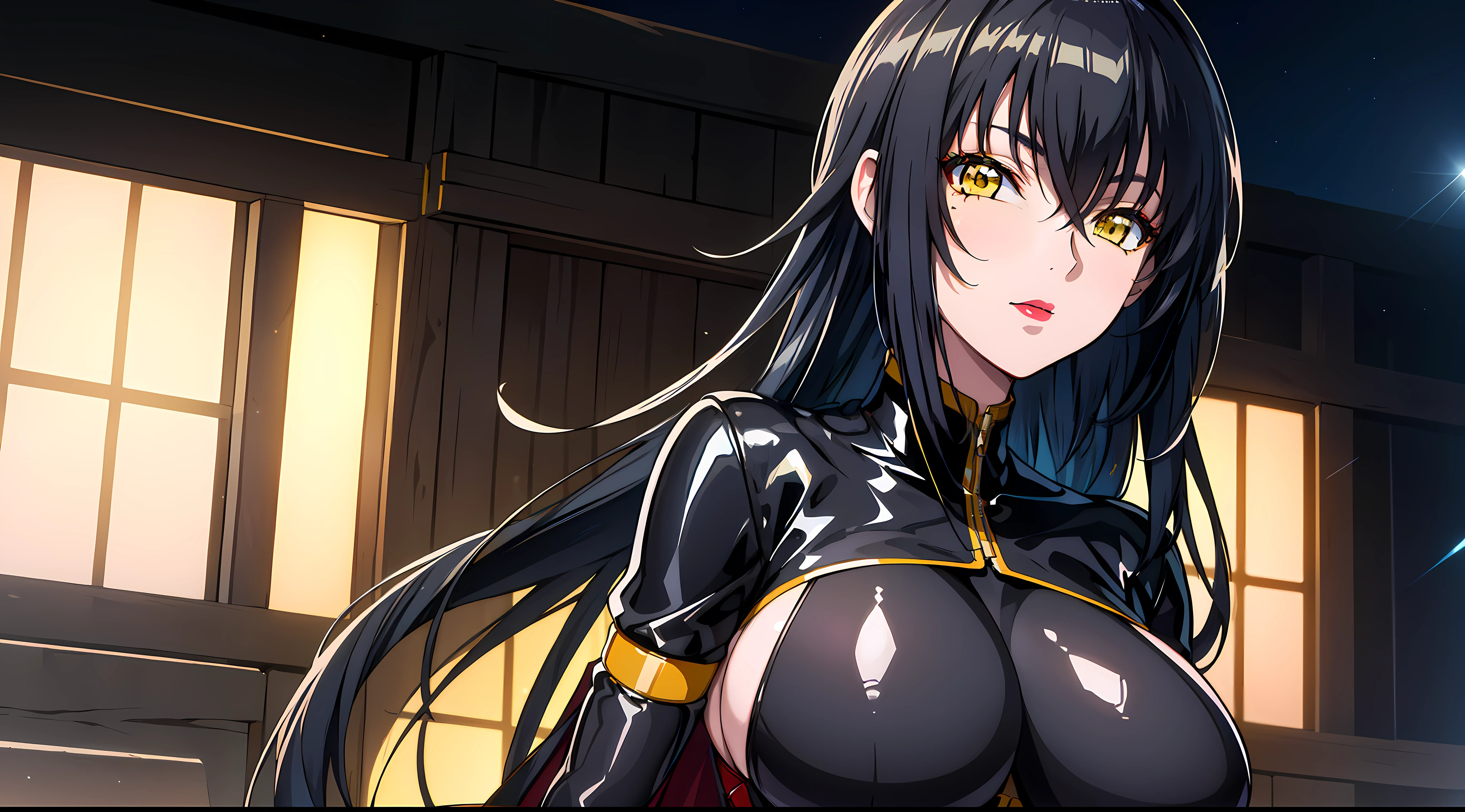 professional artwork, Intricate Details, field of view, sharp focus, detailed painting, photorealistic lighting, trending on pixiv, Standing at attention, black outfit ,yellow collared shirt,black and red bodysuit,skin_tight,black legwear, black pantyhose, Side_boob, black hair,very long hair, Bangs,yellow eyes,makeup, lipstick, 1 girl, 20yo,mature female,Beautiful Finger,Beautiful long legs,Beautiful body,Beautiful Nose,Beautiful character design, perfect eyes, perfect face, looking at viewer, NSFW,official art,extremely detailed CG unity 8k wallpaper, perfect lighting,Colorful, Bright_Front_face_Lighting, (masterpiece:1.0),(best_quality:1.0), ultra high res,4K,ultra-detailed, photography, 8K, HDR, highres, absurdres:1.2, Kodak portra 400, film grain, blurry background, bokeh:1.2, lens flare, (vibrant_color:1.2) (Beautiful,large_Breasts:1.4), (beautiful_face:1.5),(narrow_waist), solo