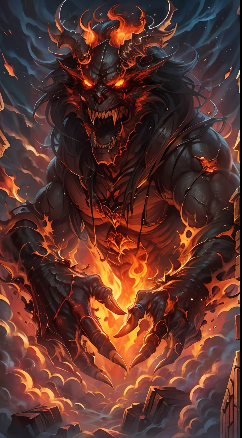 （Messenger from hell：1.4），hell，magma，The whole body was wrapped in fiery red flames，Long hair of flames dancing with teeth and claws，（Look up at the perspective：1.4），（（Super huge, Thick and sharp giant claws）），（Black scales：1.5），（（（The scales are covered with thick barbs）））（（Super thick and terrifying scales）），covered all over the body，（（Bloodthirsty and murderous devil man）），（charging up：1.4），Ugly face，closeup cleavage，Lightning streaked across the sky，（（（A tumbling thick sea of clouds is at your feet））），（There was blood everywhere），（（Blood dripped from between the paws）），（stereoscopic perspective：1.4），Works of masters，super-fine，4K分辨率，high qulity，电影灯光，High picture detail，Detailed pubic hair，Epic shooting