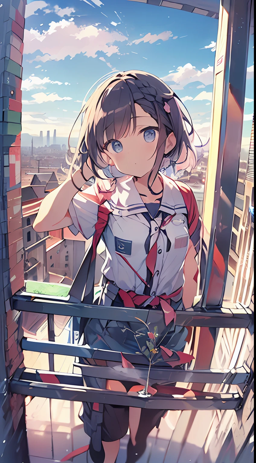 masutepiece, Best Quality,Illustration, Wallpaper, Ultra Detail, absurderes, 1loli, Solo, (Medium short hair、short braided hair), Beautiful detailed eyes , (Street), Beautiful sky,(a panoramic view:1.5),(Sense of depth:1.5),(longshot:1.5)