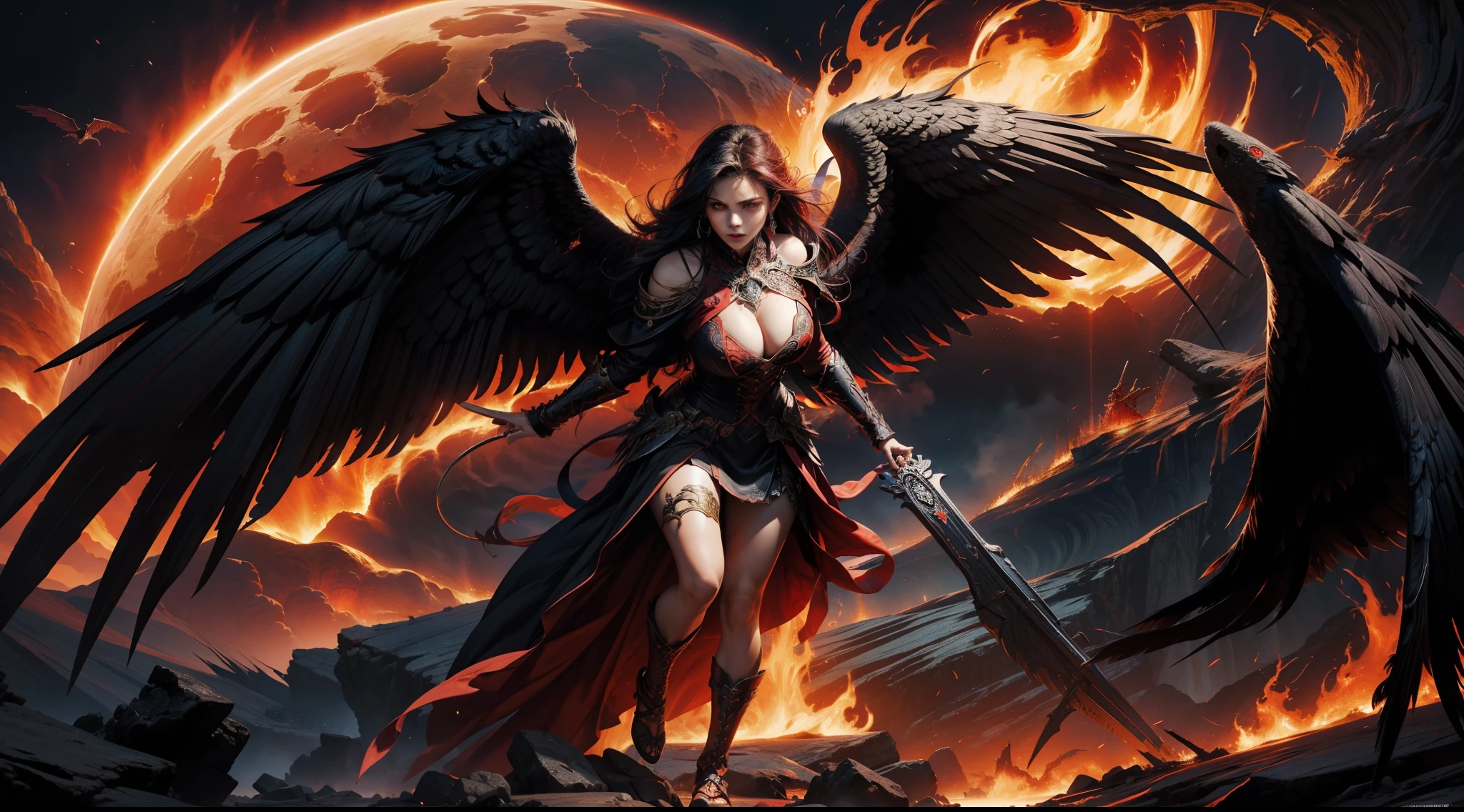 （Award-winning digital artwork：1.3） af （sketching：1.3），（with dynamism：1.3），（Saturation：1.3），（Close portrait：1.3），（femele：1.4），（big breasts beautiful： 1.4),(carismatic:1.3),angelicales，Red eyes，Bright magic，volcano background，Large breasts，complex patterns，Film filter, ，dramatics，dynamicposes，illusory engine， (High detail: 1.9)，mystic symbols，black toga，massive wings，Black wings，red color eyes，Arrogant look，molten lava