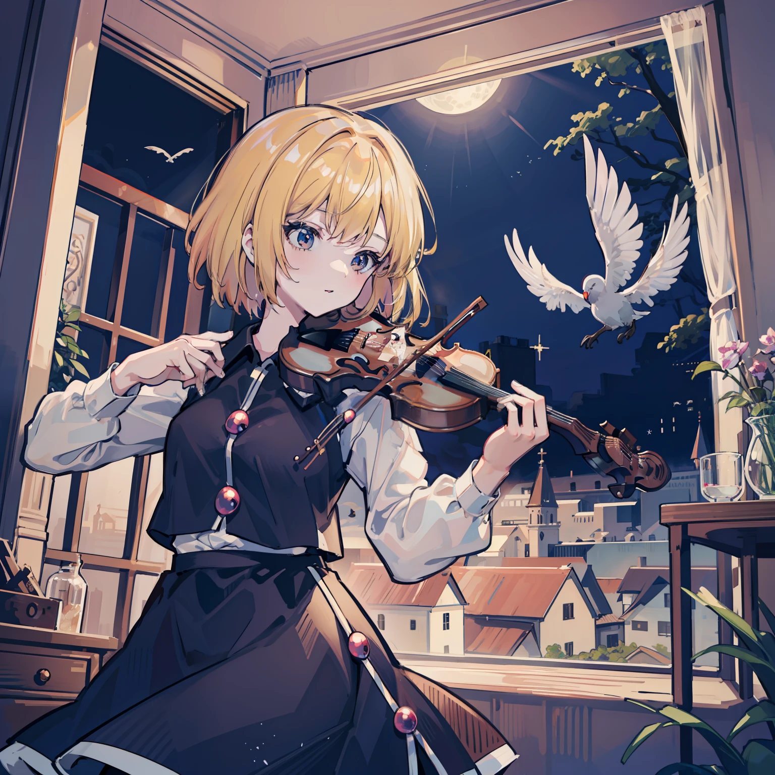 Luna Saprism River playing violin, masutepiece, Fine detail, 4K, 8K, 12K, Solo, One Person, Beautiful Girl, caucasian female, Moonsaprasm River, a blond、short-hair、A lot of birds are flying, Ruined Western House, Indoors, spring, Music room