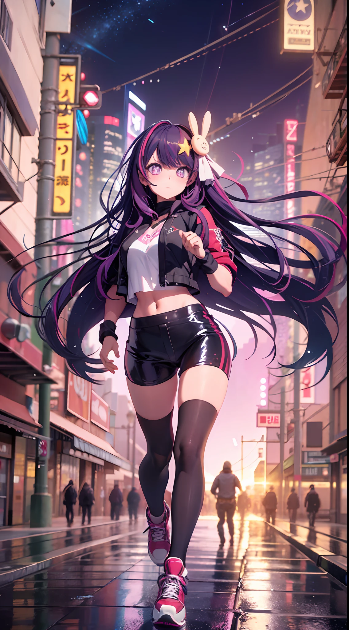 Hoshino Ai, long hair, purple hair, streaked hair ,purple eyes, star-shaped pupils, hair ornament,3D girl，running into the distance，Fashionab，fashion sense，clean backdrop，full body shot of，in a panoramic view，3D，C4D，OC renderer，PVC material，popmart，Blender，dirrrble，behance，pinteret--niji 5