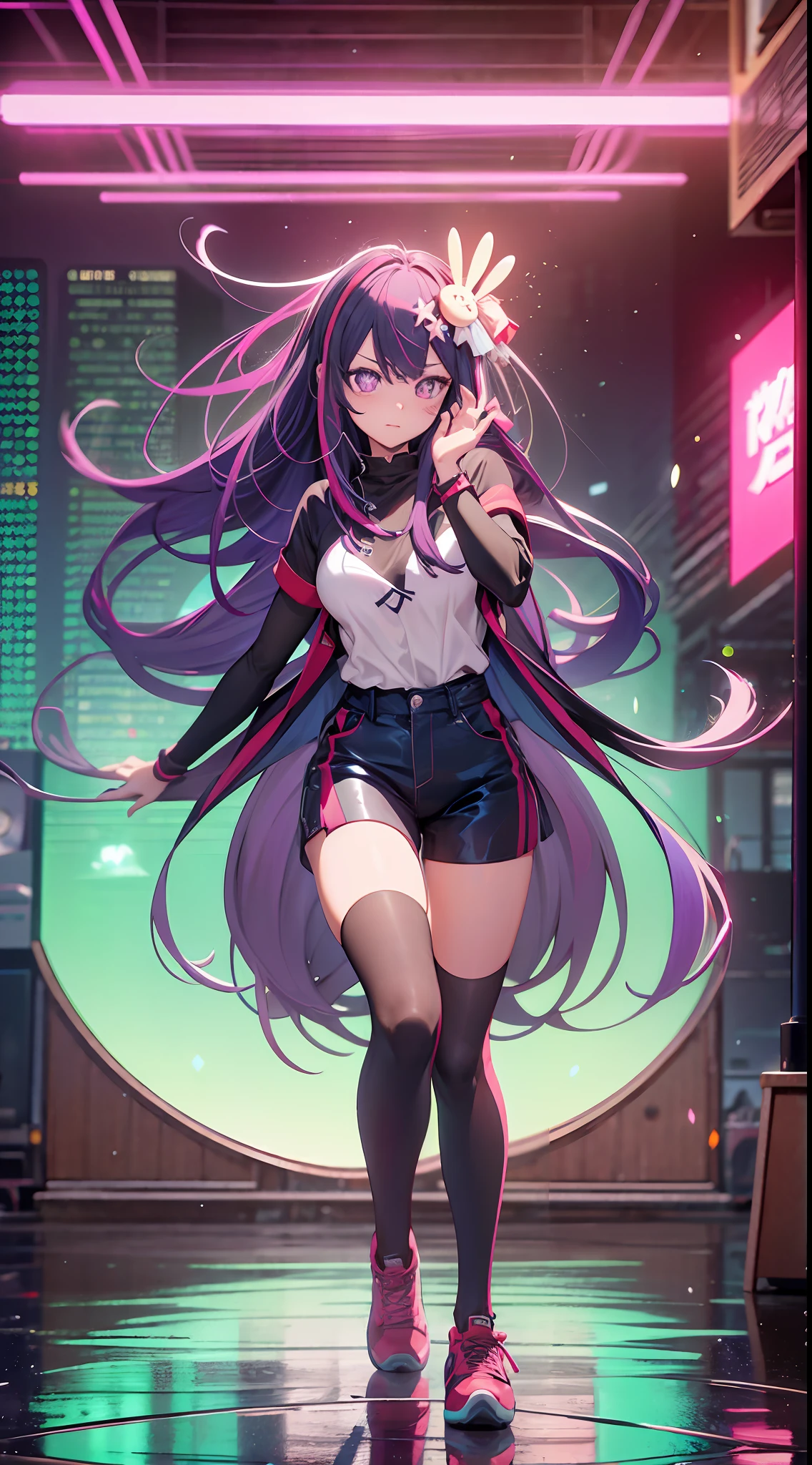Hoshino Ai, long hair, purple hair, streaked hair ,purple eyes, star-shaped pupils, hair ornament,3D girl,running into the distance,Fashionab,fashion sense,clean backdrop,full body shot of,in a panoramic view,3D,C4D,OC renderer,PVC material,popmart,Blender,dirrrble,behance,pinteret--niji 5