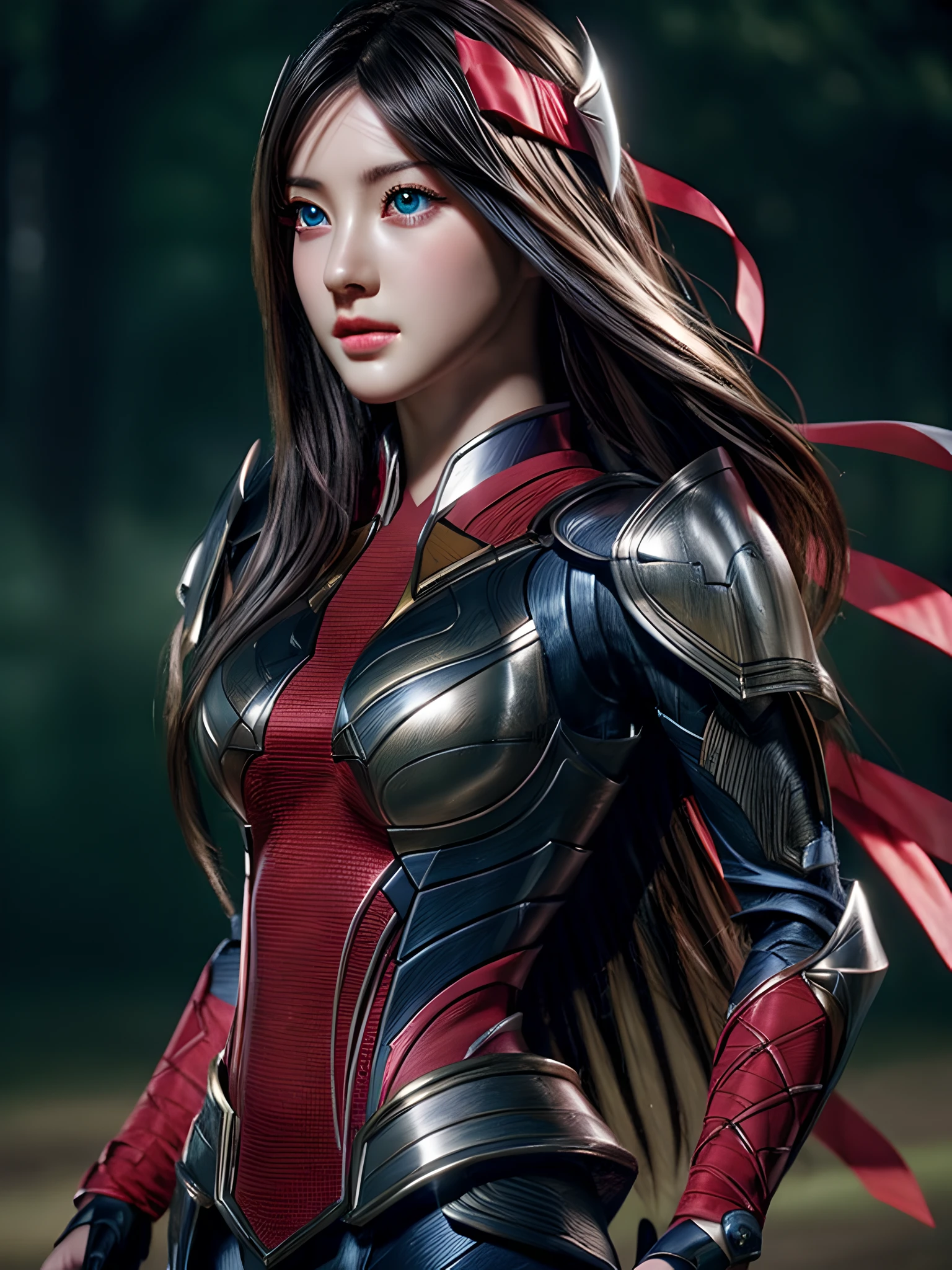 Highly detailed, High Quality, Masterpiece, beautiful, sharp focus, shiny skin, medium breasts, irelia, on battlefield, ribbon, arm ribbon, armor, blue eyes, ulzzang-6500-v1.1