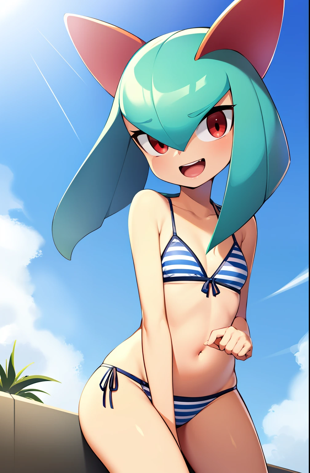 obra maestra, mejor calidad, 1 girl in, solo, kirlia, cabello verde, ojos rojos, en un yate, riendo, bikini, bikini de dos piezas, senos grandes, senos femeninos grandes y redondos, embarazada, bikini rojo.