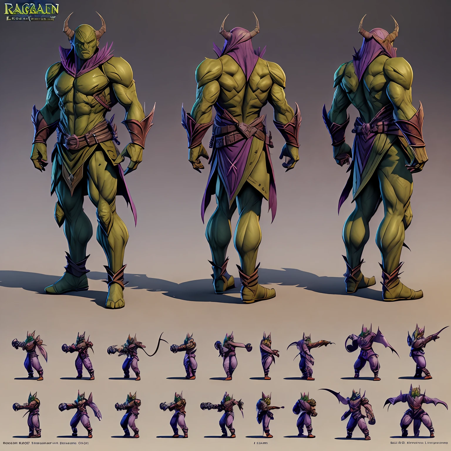 RPG game big green goblin(1.5) model, model sheet turnaround, full color, two thirds wiew, front::4 view and back view –v 4 –ar 3:2, World of Warcraft, Dota 2, Dragon age Inquisition