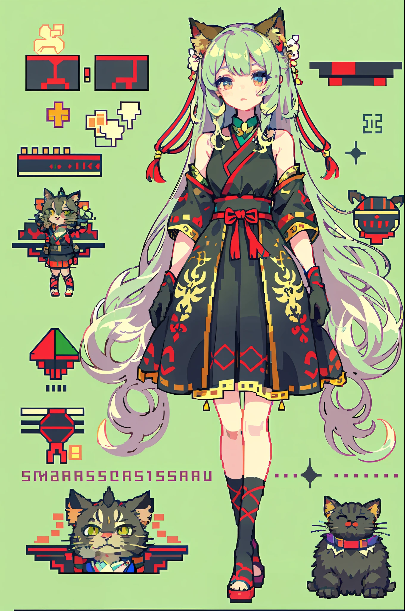 (tmasterpiece,top Quority,best qualtiy),pix,pixelart,1girll,full bodyesbian,cat ear,Hanfu,