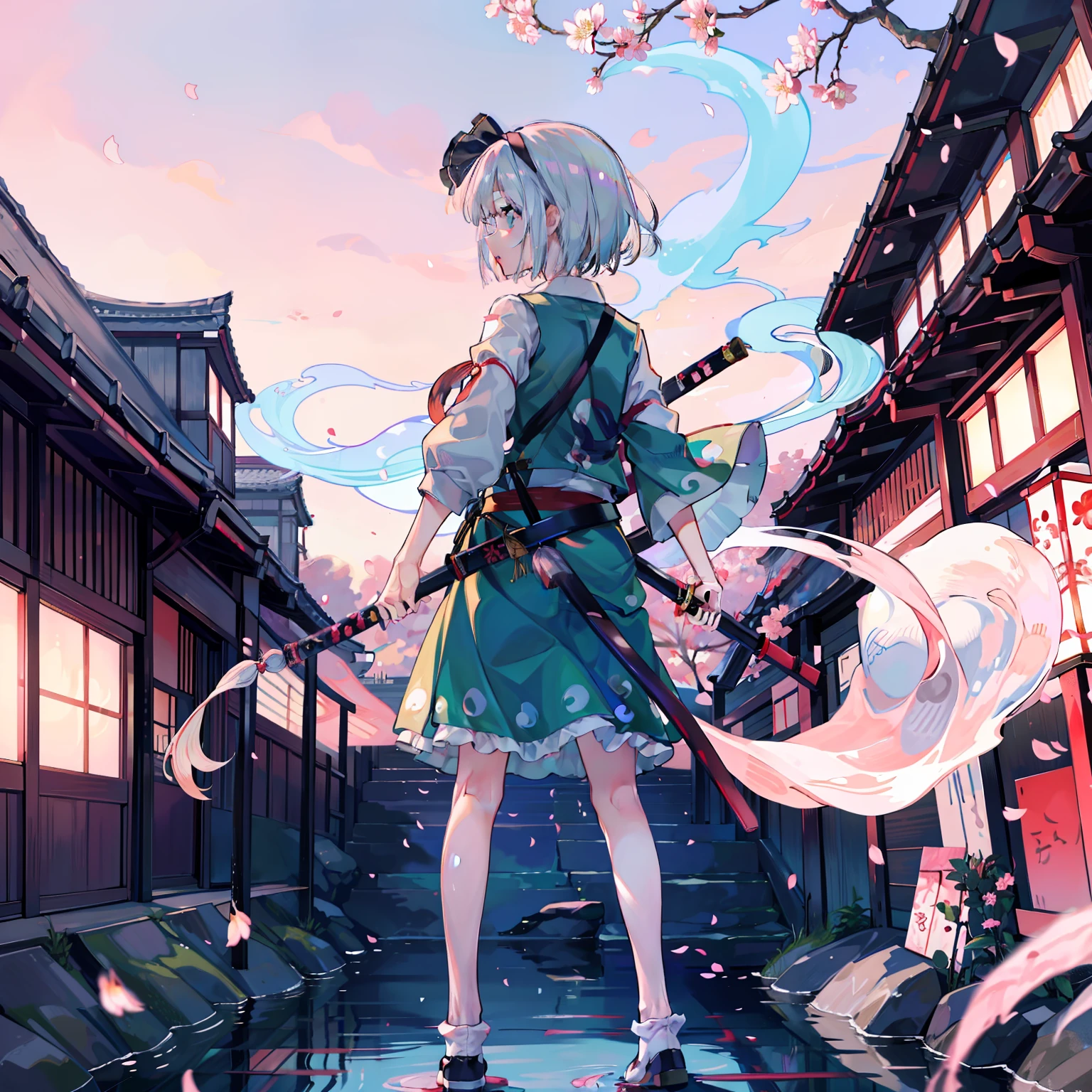 Illustration of Youmu Konpaku holding a Japanese sword, masterpiece, fine detail, 4k, 8k, 12k, solo, one person, beautiful girl, Caucasian female, Youmu Konpaku, Youmu Konpaku from behind, standing on water, cherry blossom petals on the ground, hell , lanterns, cherry blossom petals, purple sky