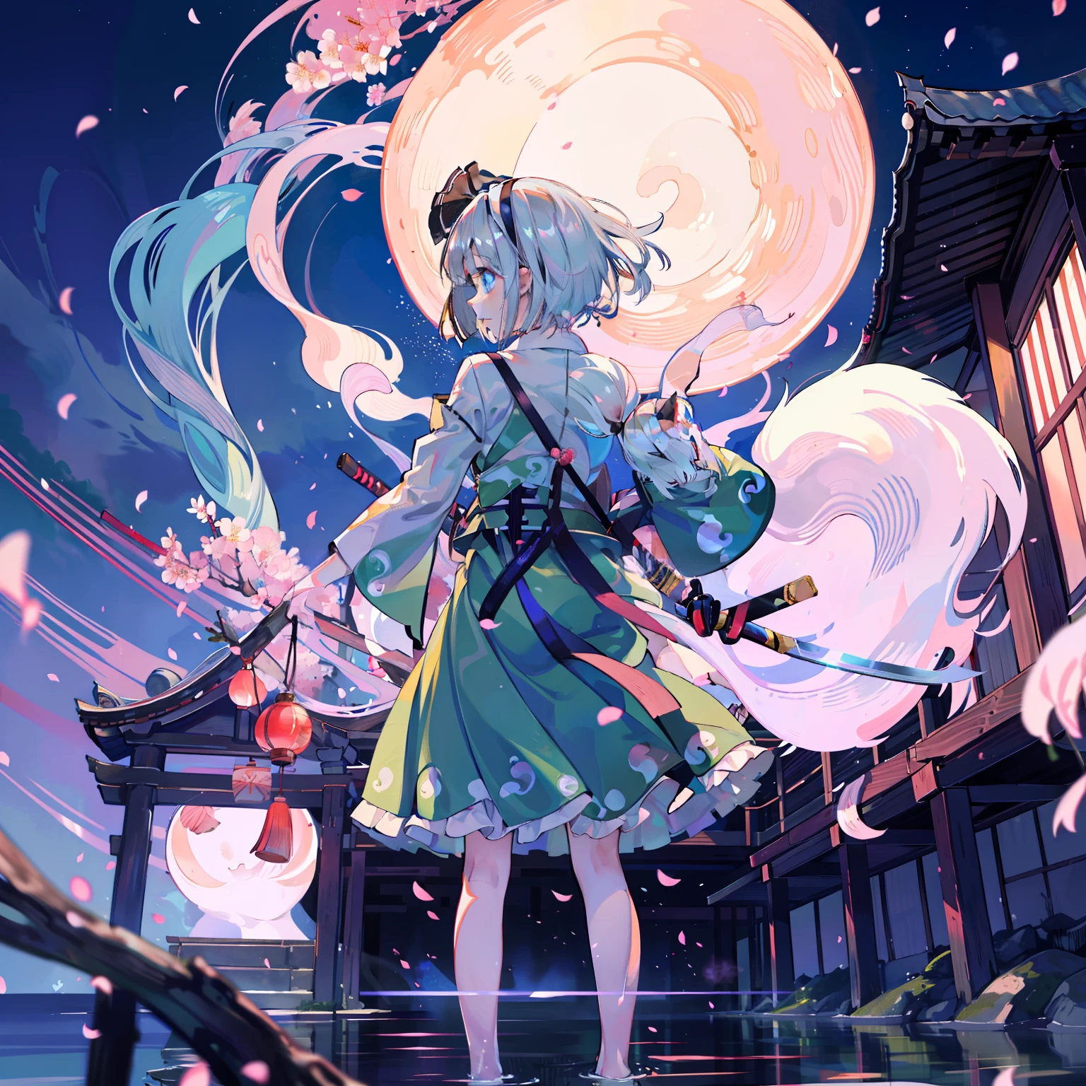 Illustration of Youmu Konpaku holding a Japanese sword, masterpiece, fine detail, 4k, 8k, 12k, solo, one person, beautiful girl, Caucasian female, Youmu Konpaku, Youmu Konpaku from behind, standing on water, cherry blossom petals on the ground, hell , lanterns, cherry blossom petals, purple sky