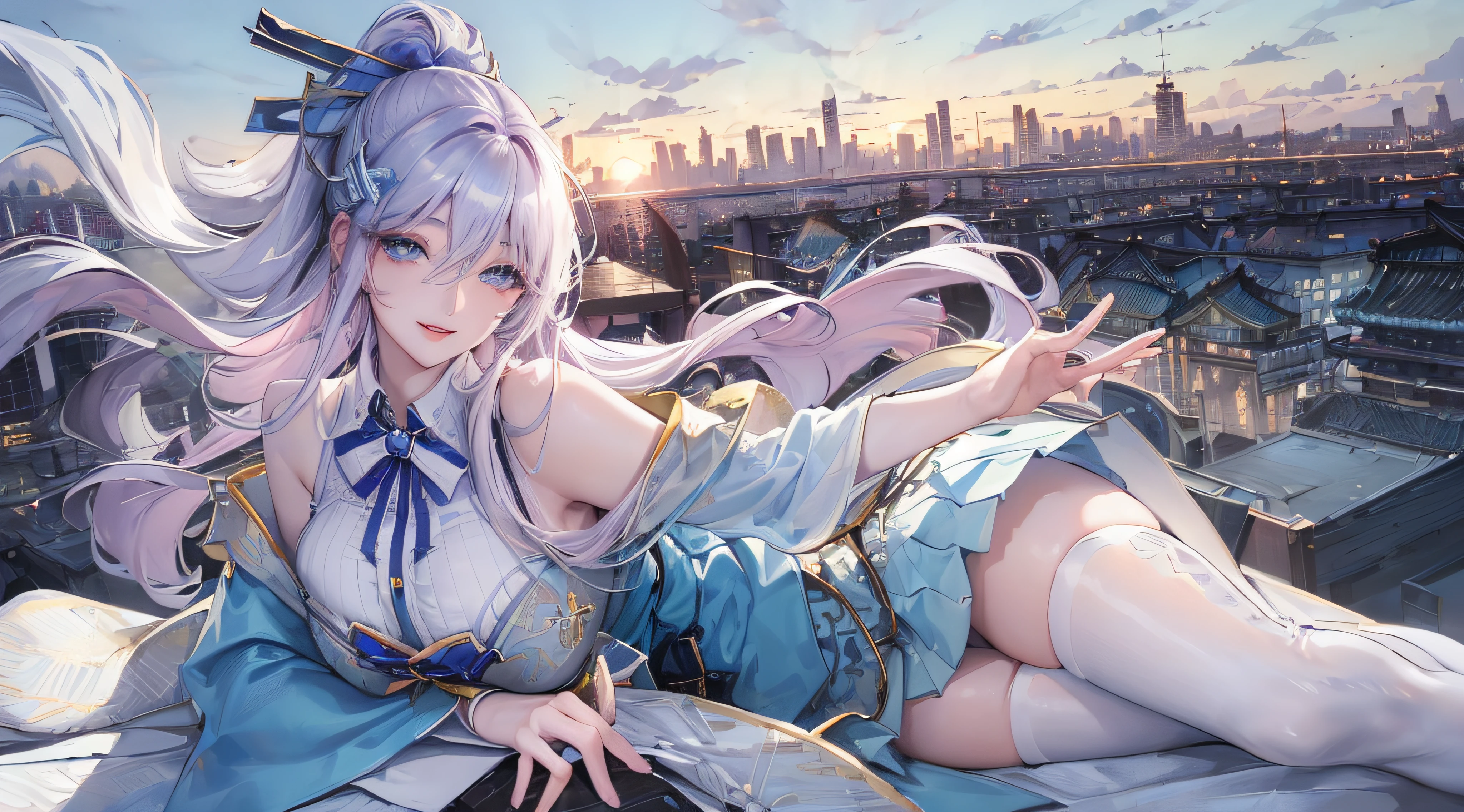 official art, masterpiece, sharp focus, (beautiful gorgeous cute Korean woman:1.3), (beautiful cute korean:1.3), korean beauty, Delicate and beautiful hair and eyes and face, realistic, ultra detailed, beautiful girl, blue sky, glow white particle, (sidelighting:1.2), sun light, white cloud, detailed clouds, slender, Lovely very large breasts and very large hips, smile with teeth, ((smile with eyes, open both eyes)), scenery, long straight hair, sexy facial expression, building, (cityscape:1.7), dynamic hair, long straight hair, detailed platinum pink hair, glow blue eyes, (blue pleated shirts + white skirt), white long socks, pale skin, hair ornament, epic scenery,