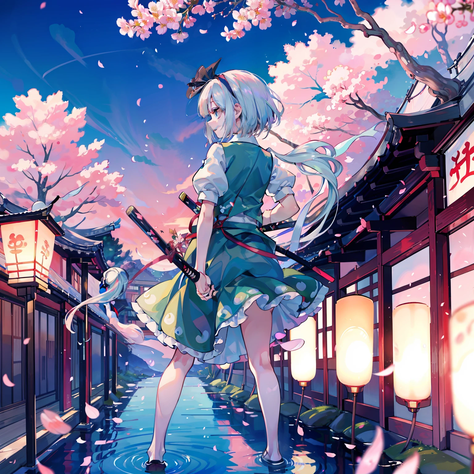 Illustration of Youmu Konpaku holding a Japanese sword, masterpiece, fine detail, 4k, 8k, 12k, solo, one person, beautiful girl, Caucasian female, Youmu Konpaku, Youmu Konpaku from behind, standing on water, cherry blossom petals on the ground, hell , lanterns, cherry blossom petals, purple sky