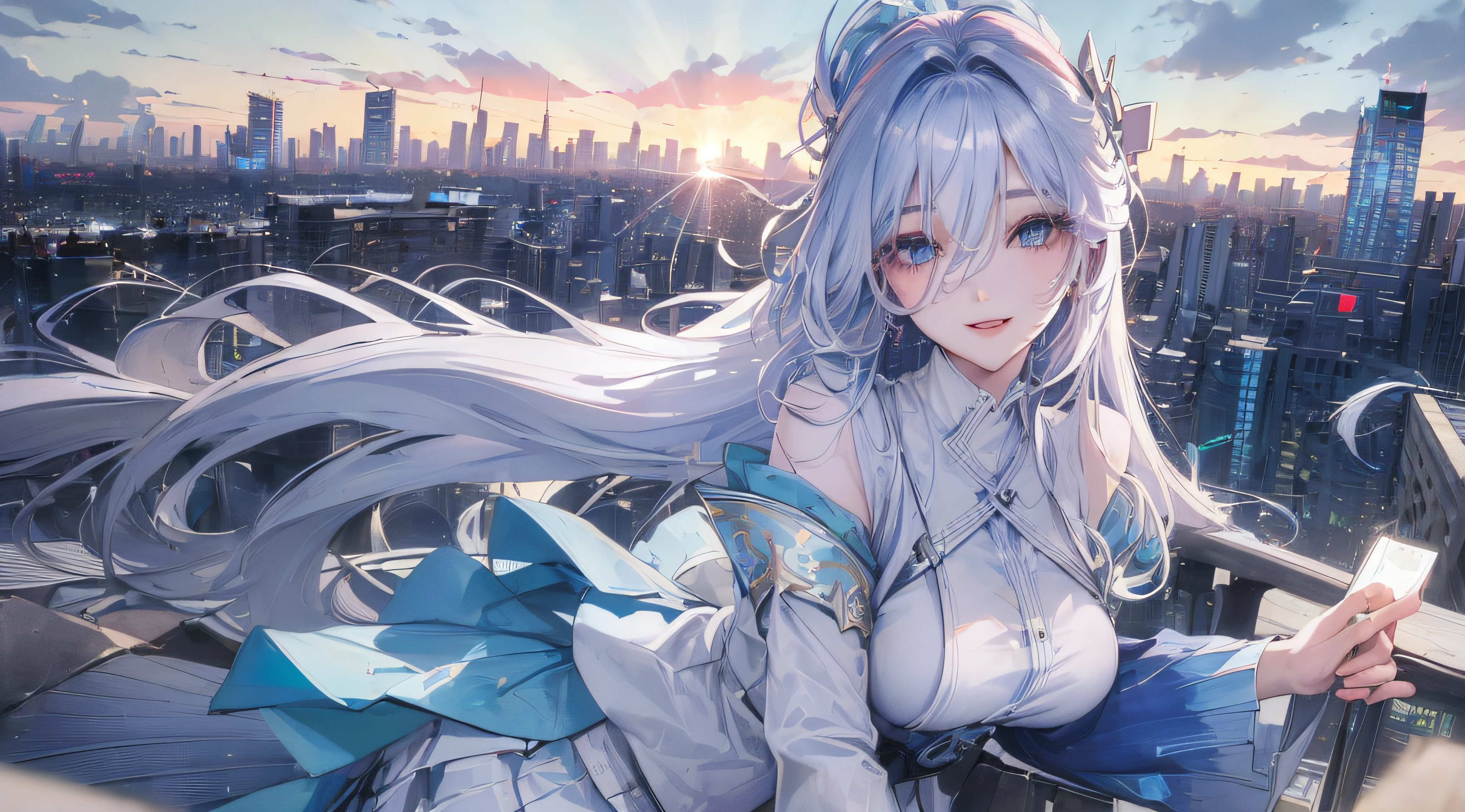 official art, masterpiece, sharp focus, (beautiful gorgeous cute Korean woman:1.3), (beautiful cute korean:1.3), korean beauty, Delicate and beautiful hair and eyes and face, realistic, ultra detailed, beautiful girl, blue sky, glow white particle, (sidelighting:1.2), sun light, white cloud, detailed clouds, slender, Lovely very large breasts and very large hips, smile with teeth, ((smile with eyes, open both eyes)), scenery, long straight hair, sexy facial expression, building, (cityscape:1.7), dynamic hair, long straight hair, detailed platinum pink hair, glow blue eyes, (blue pleated shirts + white skirt), white long socks, pale skin, hair ornament, epic scenery,