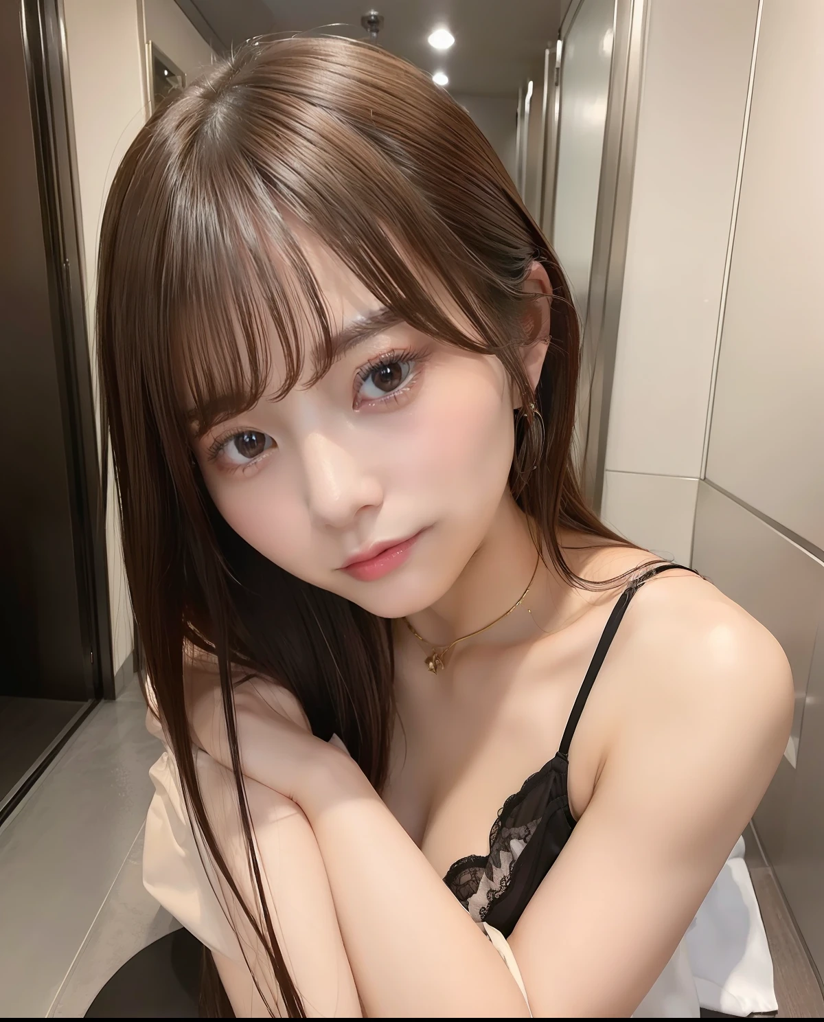 ((top-quality、8k、​masterpiece:1.3))、Beautuful Women、1girl in、huge tit、Slender abs:1.1、A dark brown-haired、(Sleep in bed、open one's legs:1.2)、hyperdetailed face、very detailed lips、二重まぶた、an lingerie、Arafe Asians、2 arms、No boyfriend、elevator