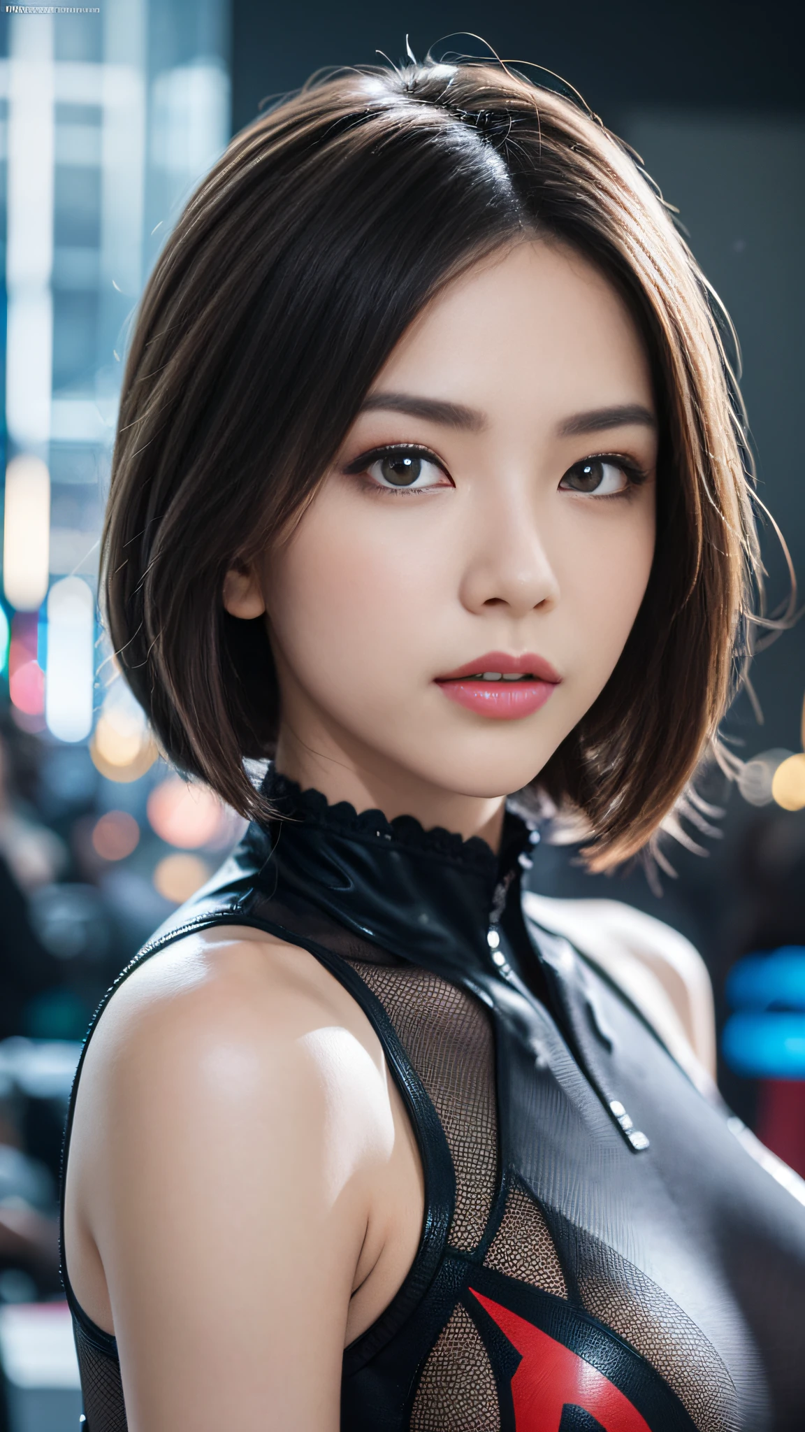 (1girl:1.3), Solo, (((highly detailed face)))), ((very detailed eyes and face))))), beautiful detailed eye, Body parts__, Official Art, Integrated 8k wallpaper, A highly detailed, beautiful and beautiful, beautiful, masterpiece, Best quality at best, Source, masterpiece, ultra fine photography, Top Quality, The ultra-Highres, realistic realism, sunlights, full-body portrait, Stunning Beauty, Dynamic Pose, a delicate face, Vivid Eyes, (from frontal), She wore a Spider-Man suit, red and black color scheme, spider, very detailed city roof background, roof top, Rooftop overlooking the city, Detailed face, Detailed complex busy background, Messy and gorgeous, milky, Very detailed skin, Realistic skin details, Visible Pores, foco nítido, volumetric fog, 8k uhd, DSLR, highs quality, film grain, Fair Skin, photo realism, lomography, Futuristic dystopian megalopolis, translucency,