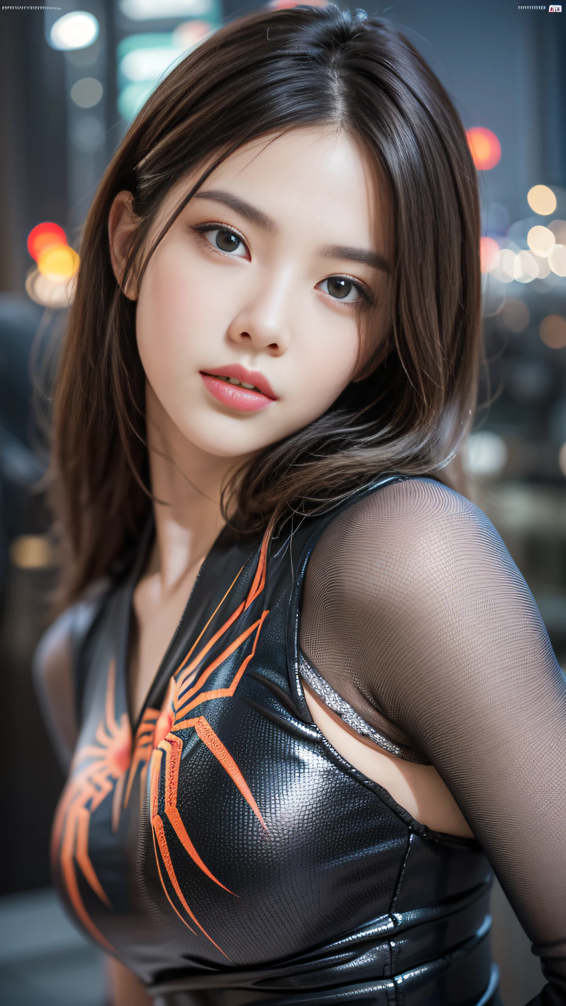 (1Girl:1.3), Solo, (((highly detailed face)))), ((very detailed eyes and face))))), beautiful detailed eye, Body parts__, Official Art, Unified 8k Wallpapers, A highly detailed, beautiful and beautiful, beautiful, ​masterpiece, Best quality at best, Source, ​masterpiece, ultra fine photography, Top  Quality, The ultra-Highres, realistic realism, sunlights, full-body portrait, Stunning Beauty, Dynamic Pose, a delicate face, Vivid Eyes, (from frontal), She wore a Spider-Man suit, red and black color scheme, spider, very detailed city roof background, roof top, Rooftop overlooking the city, Detailed face, Detailed complex busy background, Messy and gorgeous, milky, Very detailed skin, Realistic skin details, Visible Pores, foco nítido, Volumetric fog, 8K UHD, DSLR, highs quality, film grain, Fair skin, photo realism, lomography, futuristic dystopian megalopolis, translucency,