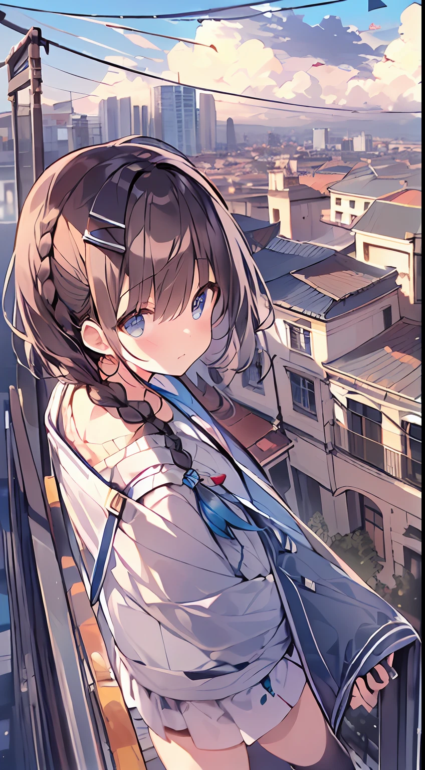 masutepiece, Best Quality,Illustration, Wallpaper, Ultra Detail, absurderes, 1loli, Solo, (Medium short hair、short braided hair), Beautiful detailed eyes , (Street), Beautiful sky,(a panoramic view:1.5),(Sense of depth:1.5),(longshot:1.5)