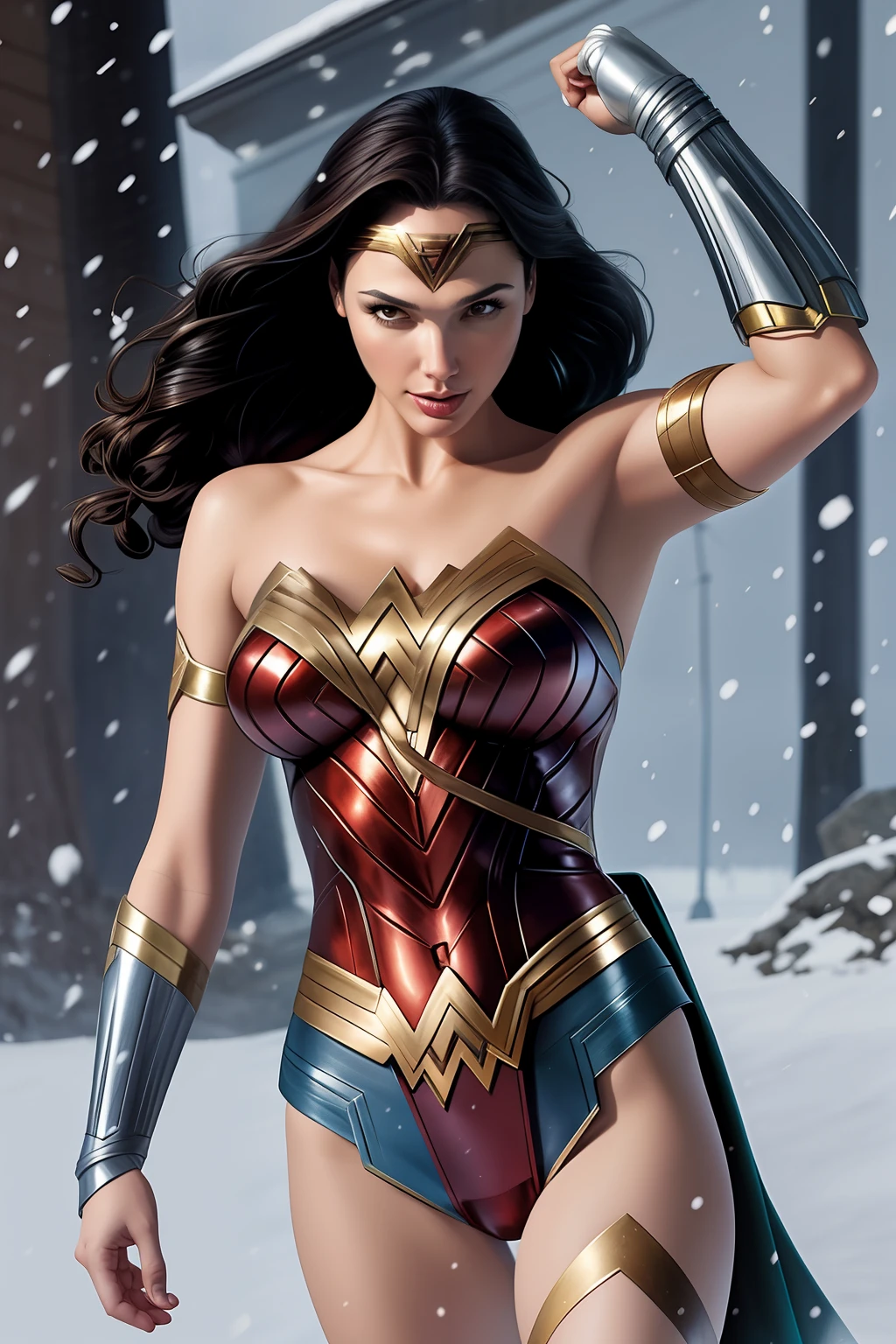 um close up de uma mulher fantasiada na neve, Retrato da Mulher Maravilha, pintura sexy de gal gadot, mulher maravilha, como visto no artgerm, quadrinhos artgerm, Artgerm extremamente detalhado, artgerm detalhado, hybrid of gal gadot, Estilo de Arte DC Comics, Artgerm JSC, graphic artist artgerm