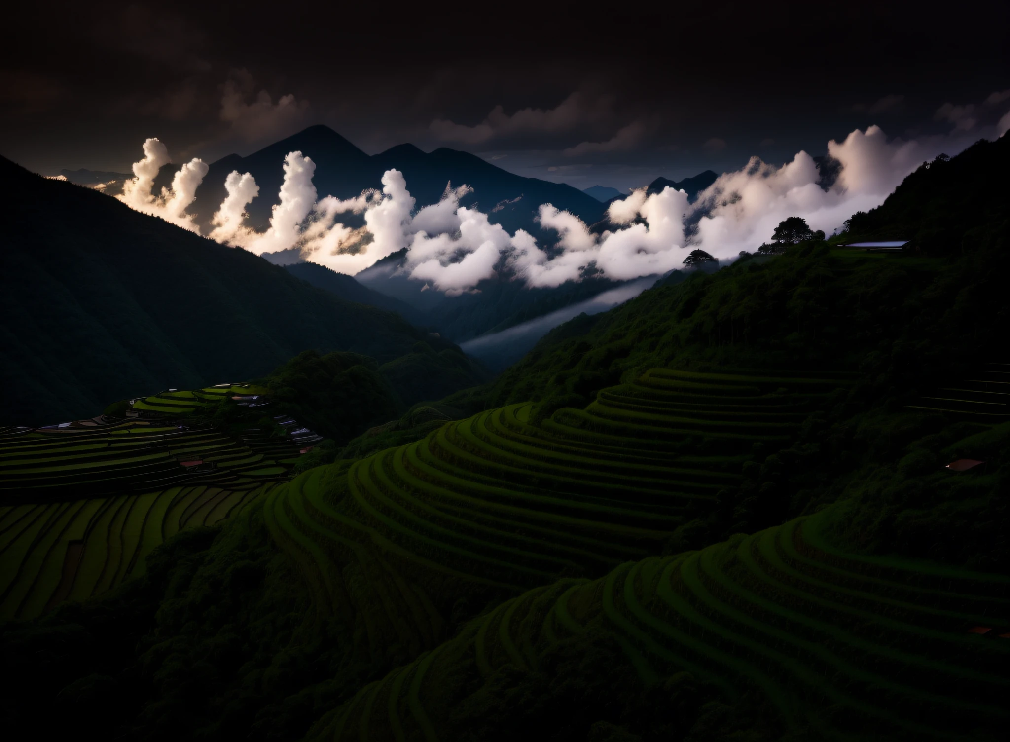 mountain scene blanketed ethereal mist,landscape photograph,lush greenery , valleys,rice terraces