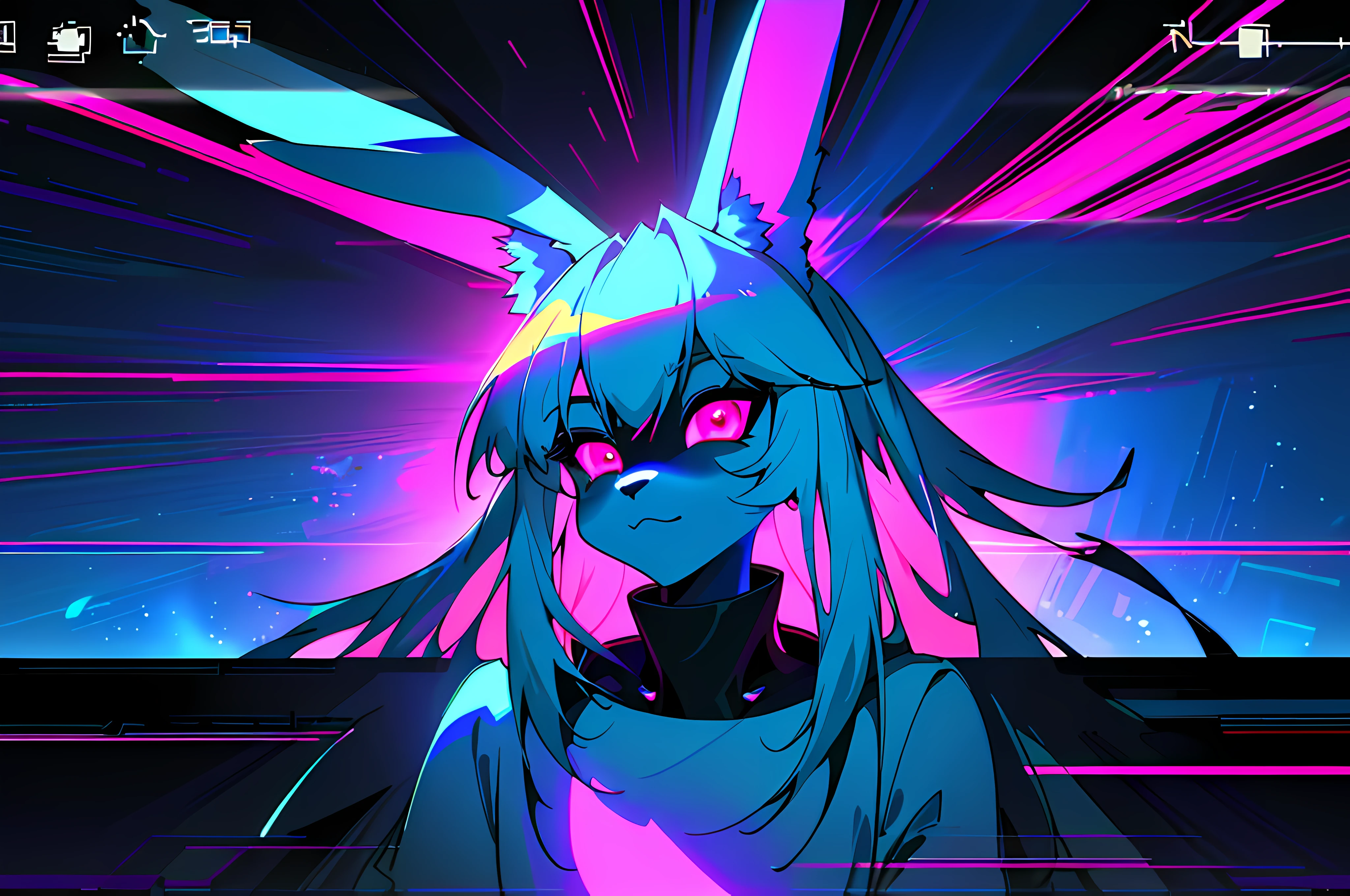 (vintage vhs), (crt screenshot), (Zen, Amy Sol style), (((blue anthro kemono furry rabbit))), underground cavern shining flashlight in old ruins, scene from a show about a blue anthro furry kemono rabbit who investigates deep space crime, (vast decrepit scenery:1.2) blame! style, nightmarish illustration, glowing eyes everywhere, intense eye contact, hybrid human / anthro, electrixbunny, rabbit anthro portrait, ((portrait)), bunnypunk, weirdcore voidpunk fursona, wearing bunny ears, cover art with light abstraction, abstract, simple vector art, contemporary Cybernetic art, color gradients, soft color palettes, layered forms, whimsical animation, style Ethereal abstract, 4K, --v6