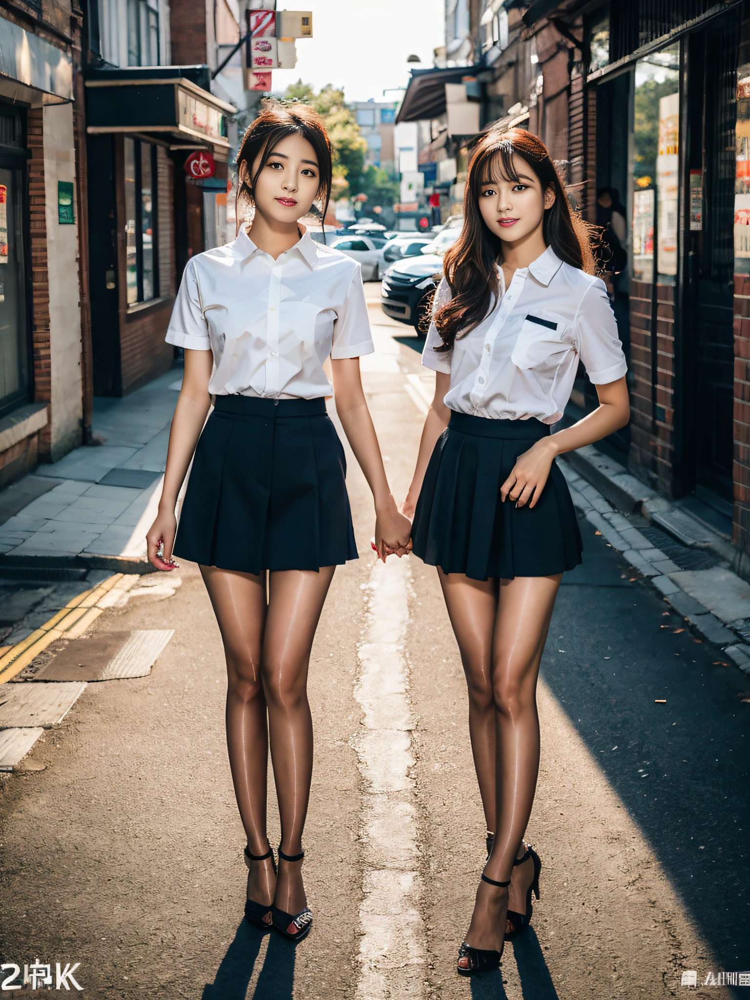 ,(RAW photo:1.2), (Photorealistic:1.4),Beautiful Meticulous Girl, very detailed eyes and faces, Beautiful detailed eyes, ultra - detailed, A high resolution, The is very detailed,best qualtiy,multipel Girls,tmasterpiece,Stylish short sleeves,a skirt,illustratio,The is very detailed,unified,8k 壁纸,finely detailled,tmasterpiece,best qualtiy,Unity8k wallpapers,light in face,cinmatic lighting, 3个女孩,16 yaers old,(Camel toes),(full bodyesbian),are standing,鎖骨,Stylish clothes,short skirt,Long legs,high-heels,the street,城市,rays of sunshine