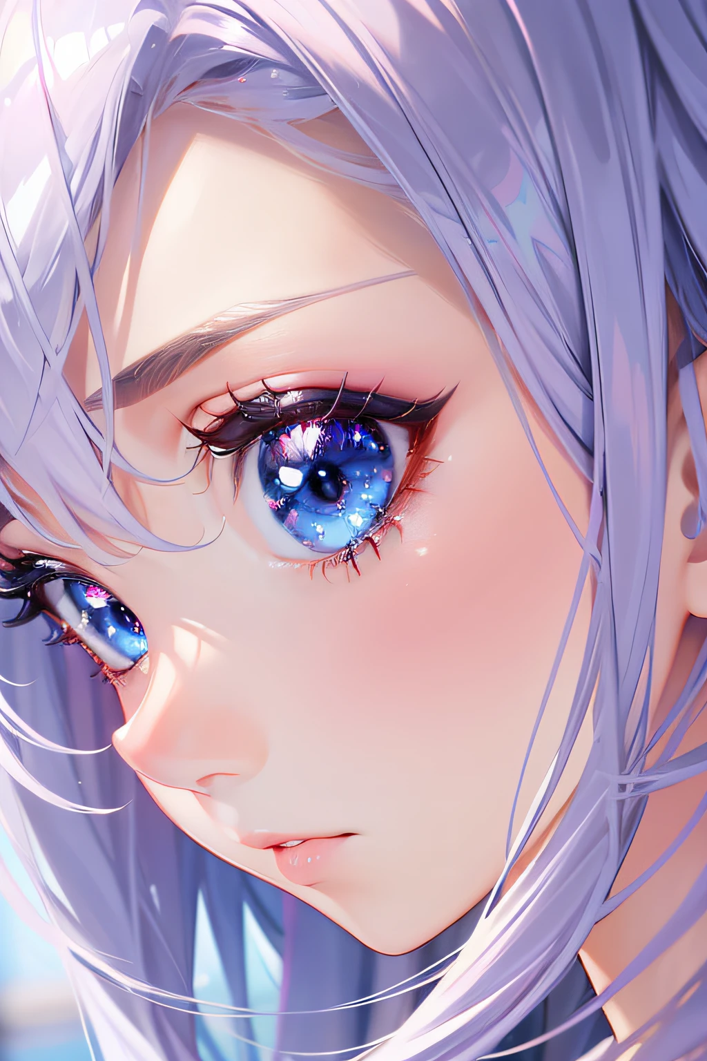 1 girl, blue eyes, close up of eyes, pink reflections,