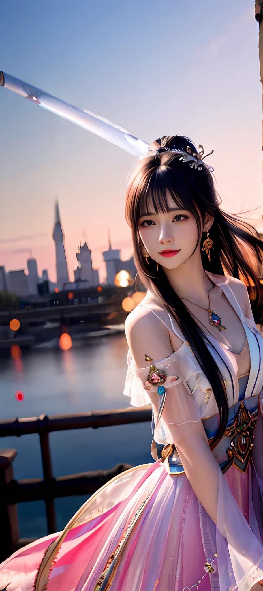 realisticity: 1.2), best quality, masterpiece, highres, cg, 1girl, weapon, sword, long hair, dress, water, solo, jewelry, white dress, earrings, hair ornament, splashing, upper body super realistis, hair bun, blue and pink hair, city backgraun realistis, lighting,candid, Photograph, high resolution, 4k, 8k, Bokeh,