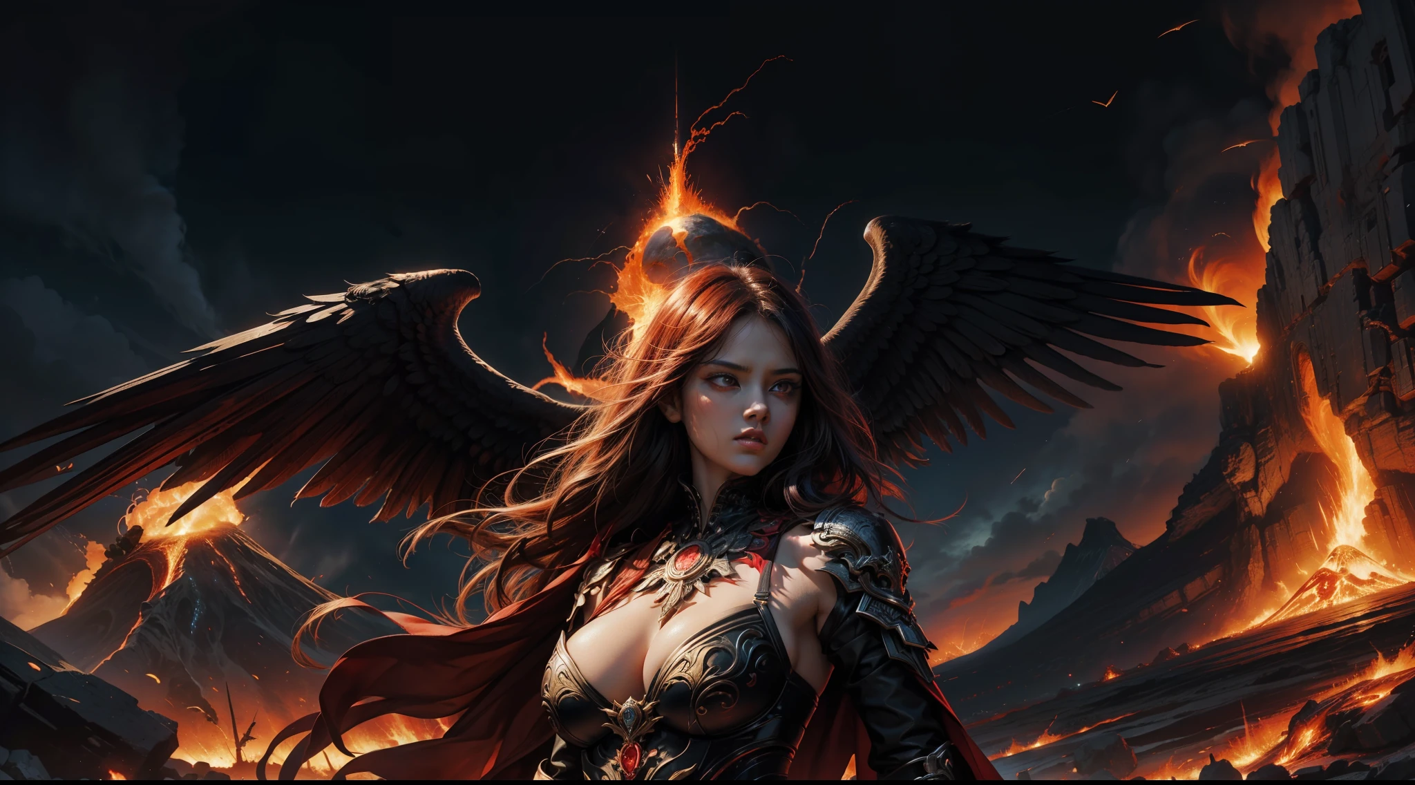 (Award-winning digital artwork:1.3) af (sketching:1.3),(with dynamism:1.3),(Saturation:1.3),(Close portrait:1.3),(femele:1.4),(big breasts beautiful: 1.4),(carismatic:1.3),angelicales,Red eyes,Bright magic,volcano background,Large breasts,complex patterns,Film filter, ,dramatics,dynamicposes,illusory engine, (High detail: 1.9),mystic symbols,black toga,massive wings,Black wings,red color eyes,Arrogant look,molten lava