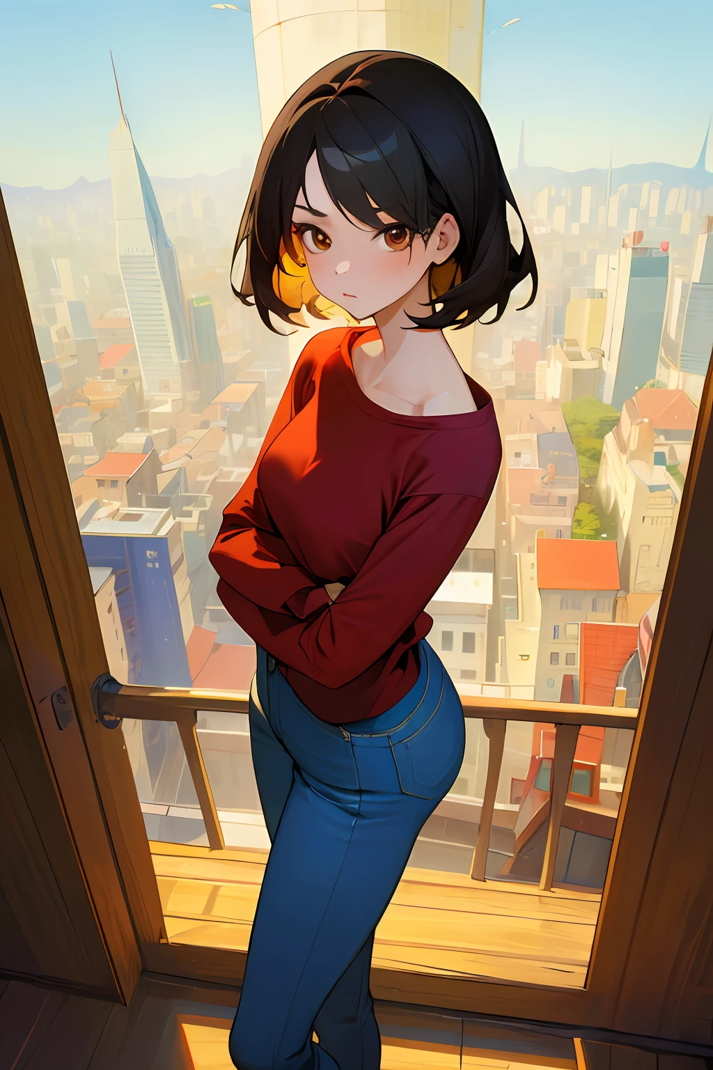 (masterpiece), best quality, expressive eyes, perfect face, young adult woman, Asian, brown eyes, black hair till shoulders, long-sleeved tight red t-shirt, light blue skinny jeans trousers, 1girl, city, absurd res, high res, ultrasharp, 8K, looking at the viewer