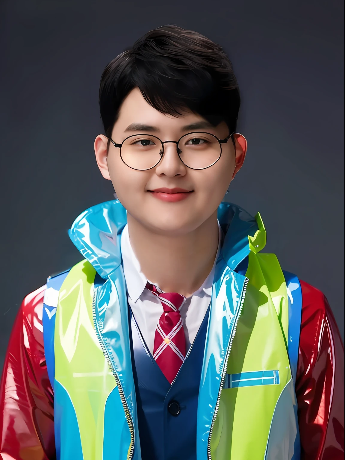 A Chinese male high school student,Wearing a PVC color vest suit,There are zippers,