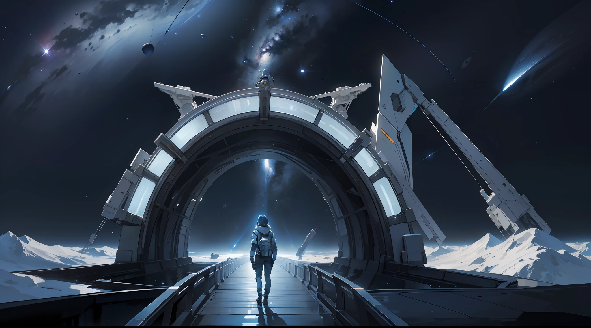 (masterpiece, best quality: 1.3), (16k, high resolution: 1.3), A space-themed bridge that seems to emerge in outer space, an interstellar bridge