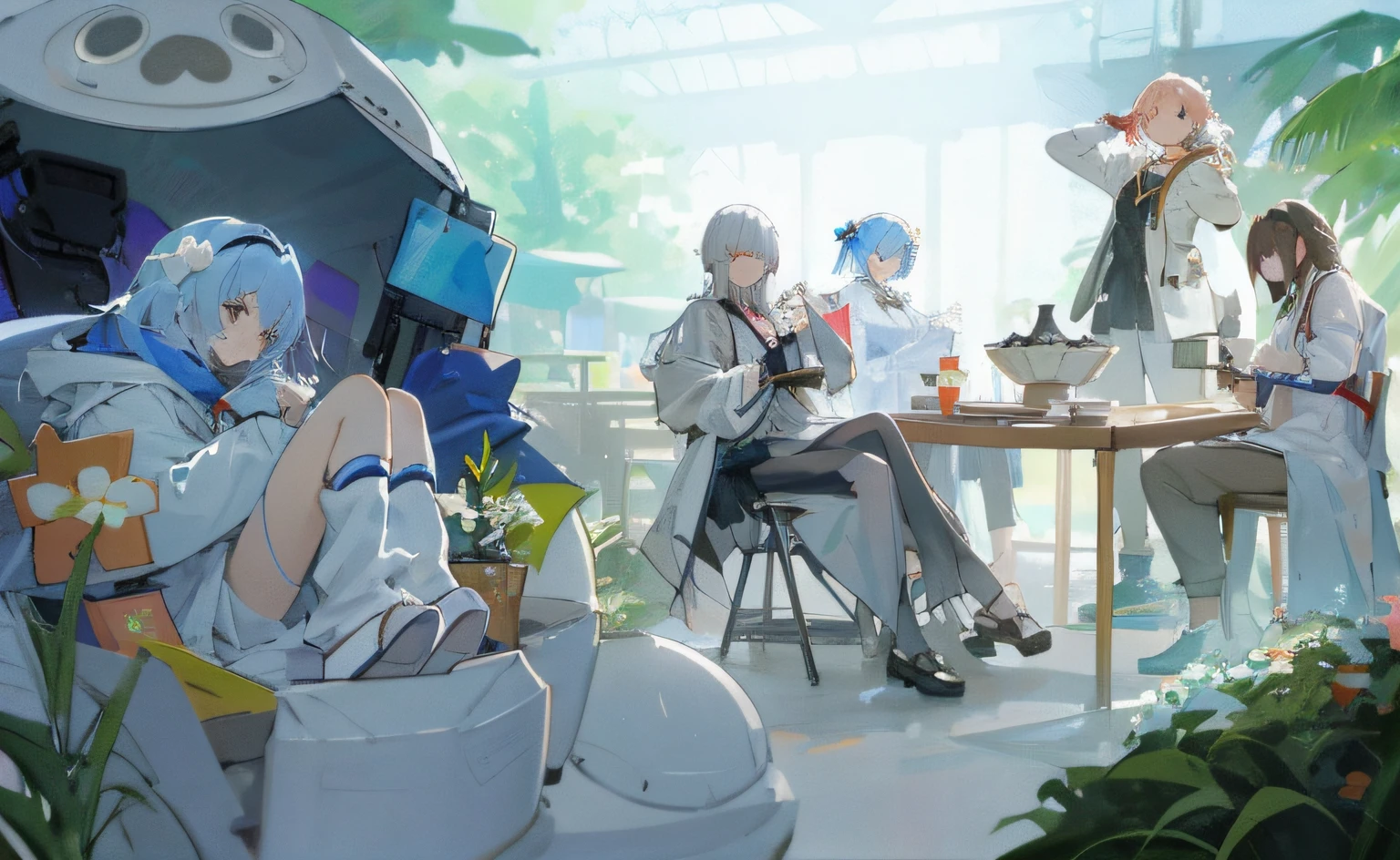 Anime characters sit around tables，and a woman in a white dress, afternoon hangout, Relaxing concept art, Best anime 4k konachan wallpaper, trending on artstation pixiv, high detailed official artwork, zerochan art, Guviz-style artwork, From Arknights, Guweiz in Pixiv ArtStation, Guviz, relaxing atmosphere