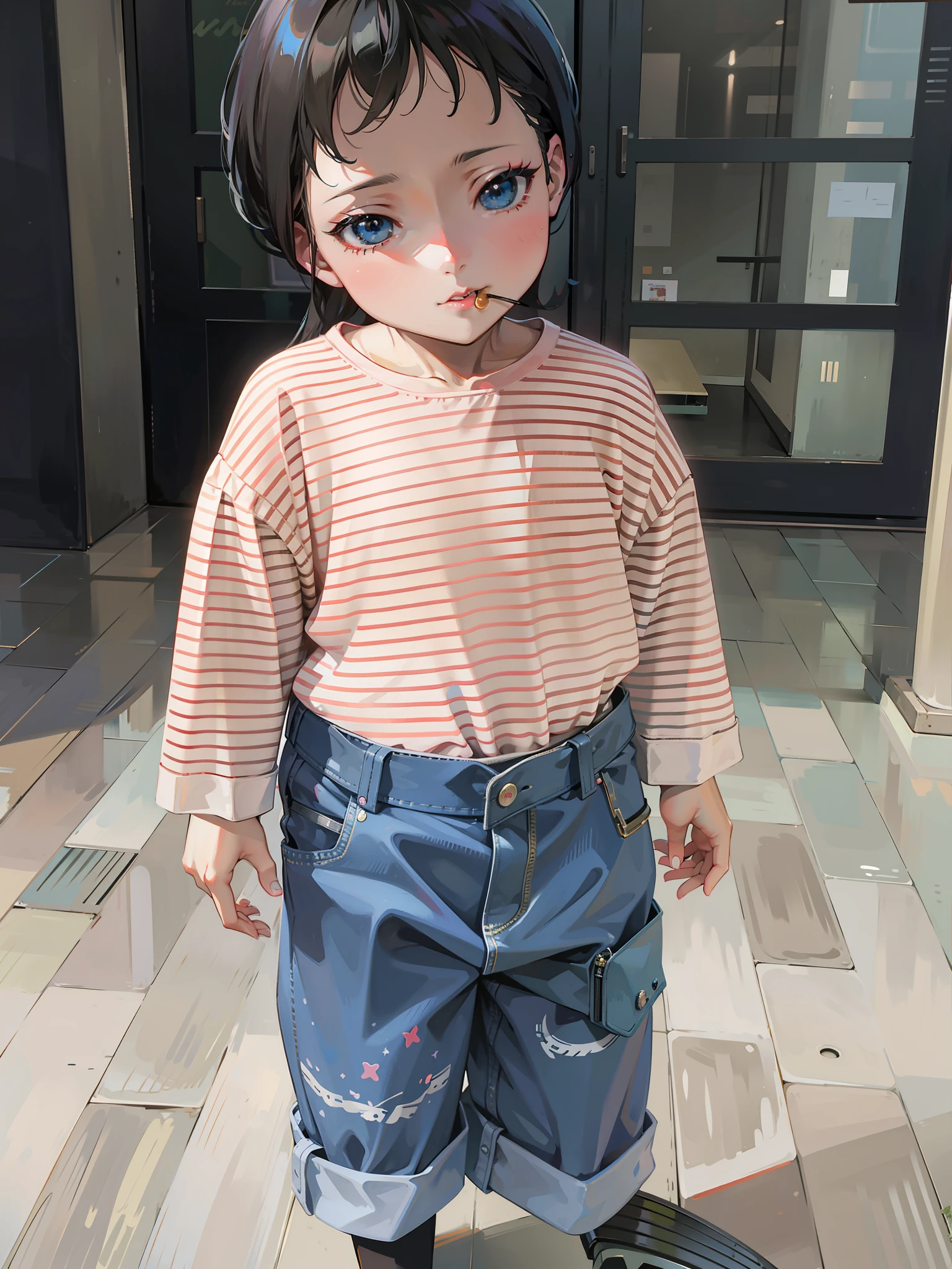 Anime girl sitting on bench eating donuts in front of store, Guviz-style artwork, Anime style mixed with Fujifilm, Realistic anime 3 D style, style of anime4 K, up of young anime girl, beautiful anime art style, lofi-girl, Anime style. 8K, By Yuumei, animeaesthetic, Anime art style, Guviz
