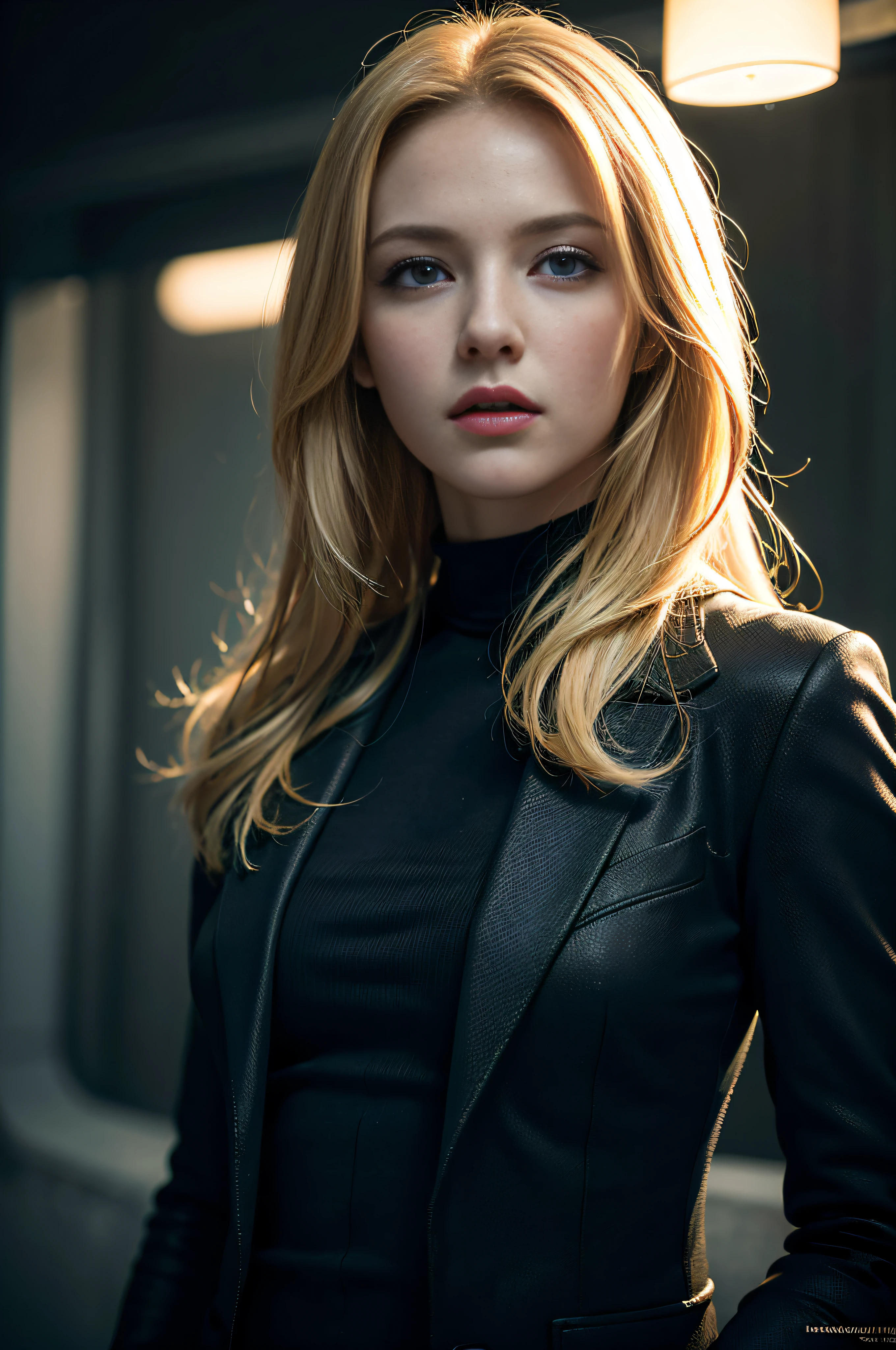 Best quality, masterpiece, ultra high res, (photorealistic:1.4), raw photo, 1girl, blonde hair, blue eyes, detailed eyes and face, black suit, dynamic lighting, in the dark, deep shadow, low key, cowboy shot full-lenght body