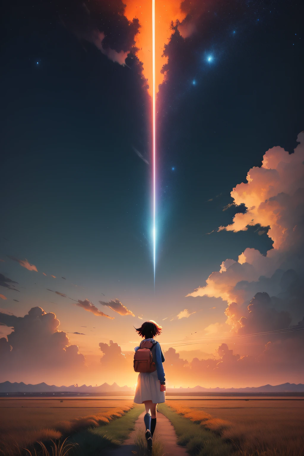 夏天，The vast sky，the beautiful skyline，Large grasslands，Intense and dramatic imagery，the moving visual effects，the high-hanging Polaris，Colorful natural light。In the distance there is an orange long-sleeved blouse，denim short，A girl carrying a backpack。walking away from the camera，Makoto Shinkai animation style。