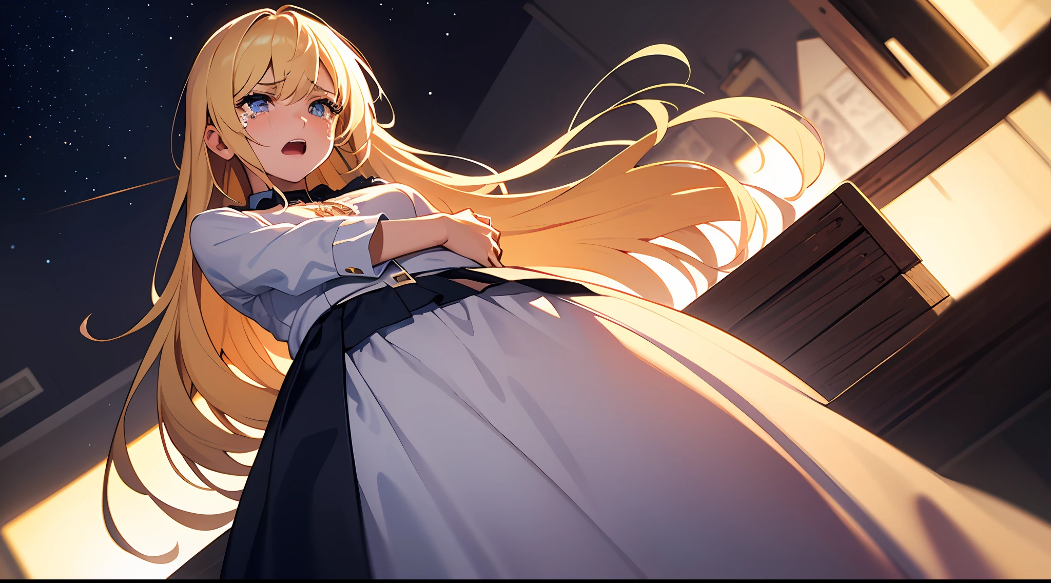 (Masterpiece, top quality, super detailed CG, beautiful detailed eyes, super detailed, intricate details:1.2), 8k wallpapers, elaborate features,
(1 person, solo:1.4)perfect cartoon illustration,(1 person, solo:1.4)
(realistic textures:0.8), high res, cute, (vivid colors, dynamic lighting:1.0), (high contrast:0.8),
Young woman in a rage, pretty face violently flushed and trembling with anger, eyes full of tears, dressed in rough clothes (skirt and white blouse), arms straight down and hands clasped tightly, standing up straight, time is night,The place is her bedroom.
, whole body is in the illustration.